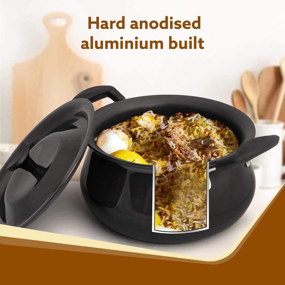 GARO Elite Hard Anodised Handi With Lid, 3.5L, Biryani Pot, Riveted handle, 3mm Thick, Gas Oven Compatible Cooking Pot for Kitchen, Non-Toxic, Compact, Durable & Stylish Cookware  33978