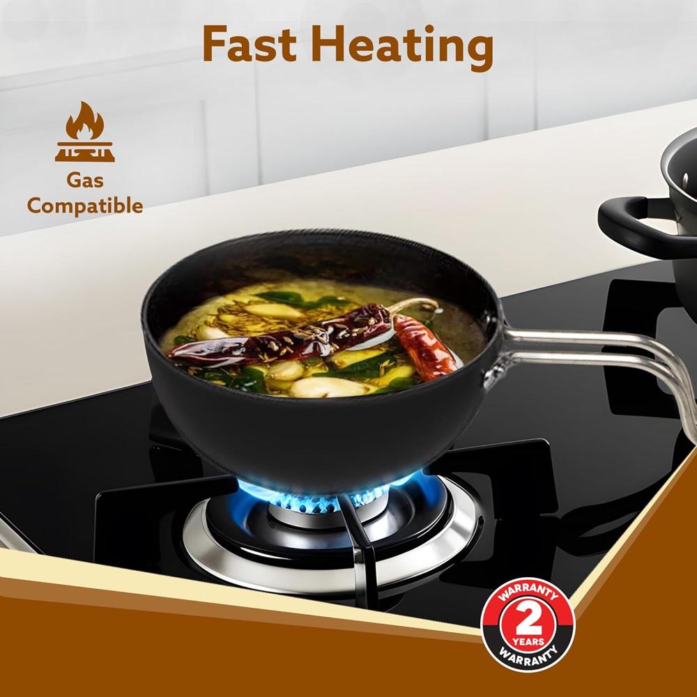 AGARO Elite Hard Anodised Tadka Pan, 11 cm Diameter, Stainless Steel Riveted Handle, 3mm Thick Plate, Vaghar/Chounk/Baghar Pan for Frying Dal/Spices, Gas Oven Compatible, Scratch Resistant 33979