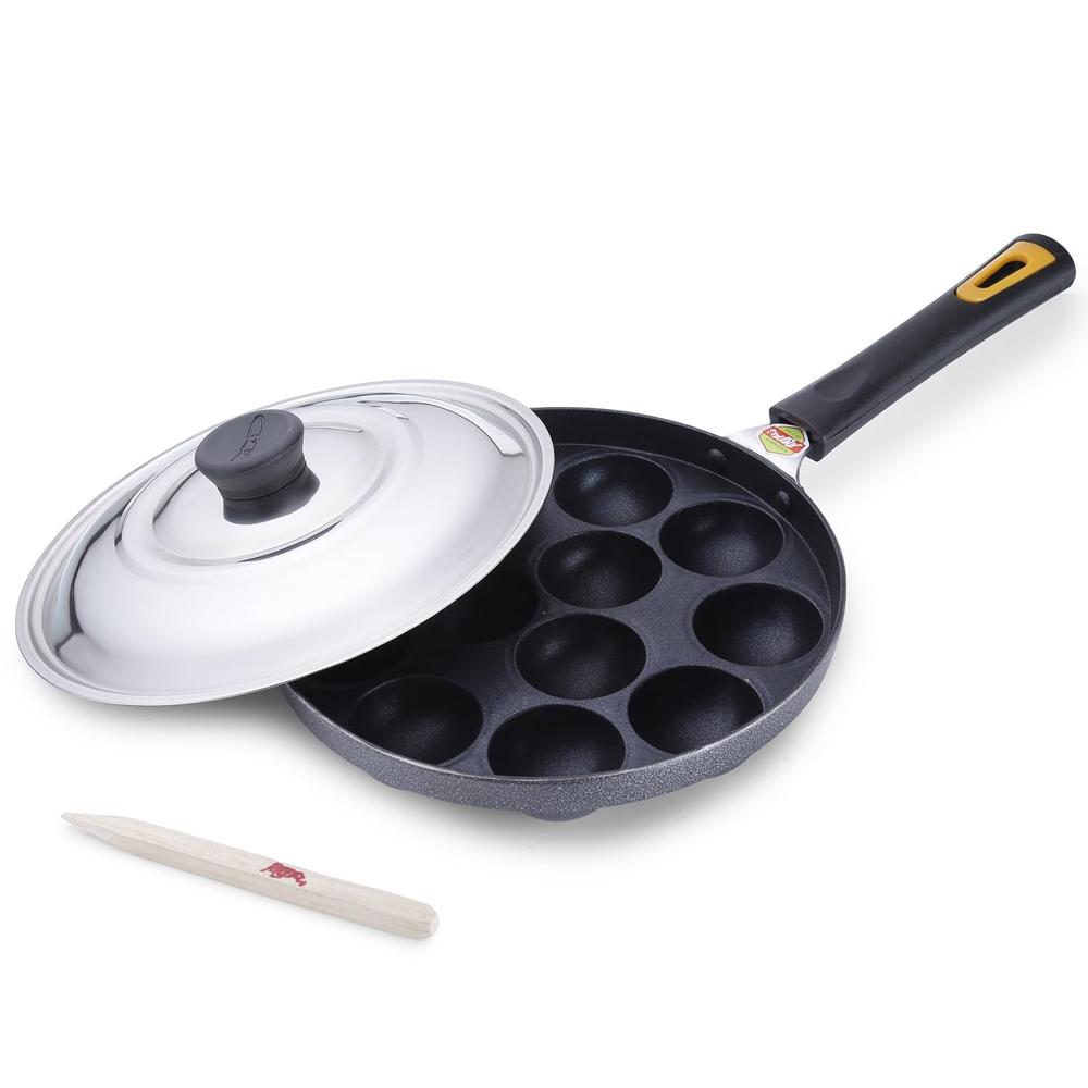 AGARO Elegant Non Stick Appam Patra, 24 cm Diameter, 12 Cavities, Gas Oven Compatible, Riveted Cool Touch Handle, 4 mm Thick, Granite Finish, Black.  33980