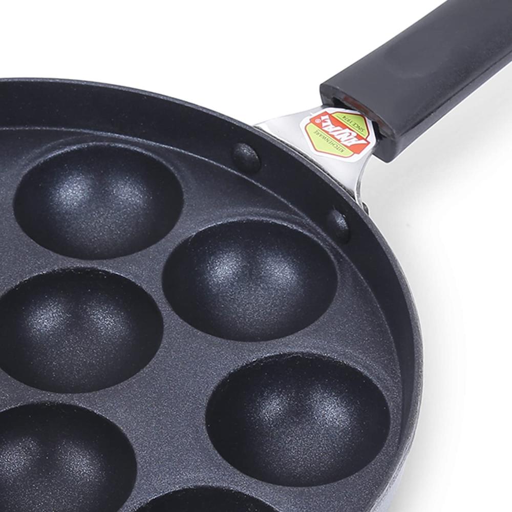 AGARO Elegant Non Stick Appam Patra, 24 cm Diameter, 12 Cavities, Gas Oven Compatible, Riveted Cool Touch Handle, 4 mm Thick, Granite Finish, Black.  33980