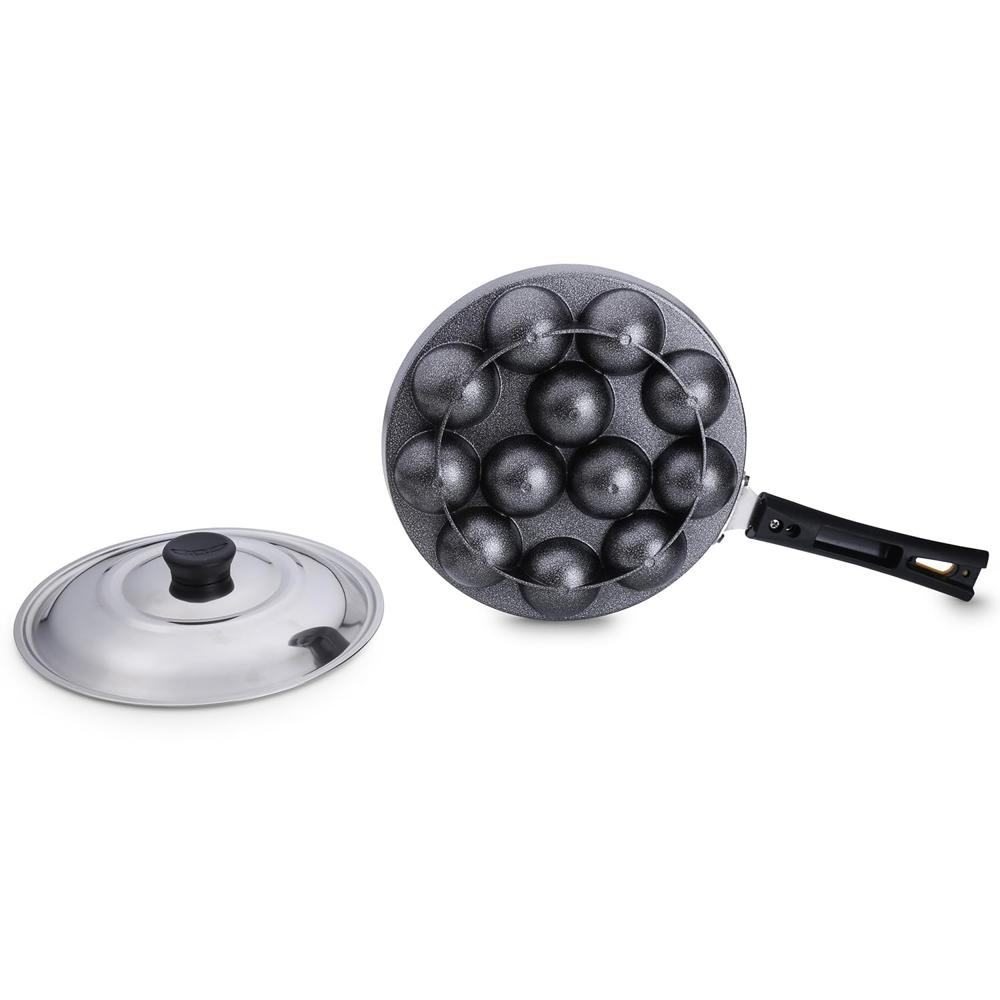 AGARO Elegant Non Stick Appam Patra, 24 cm Diameter, 12 Cavities, Gas Oven Compatible, Riveted Cool Touch Handle, 4 mm Thick, Granite Finish, Black.  33980