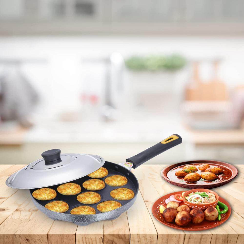 AGARO Elegant Non Stick Appam Patra, 24 cm Diameter, 12 Cavities, Gas Oven Compatible, Riveted Cool Touch Handle, 4 mm Thick, Granite Finish, Black.  33980