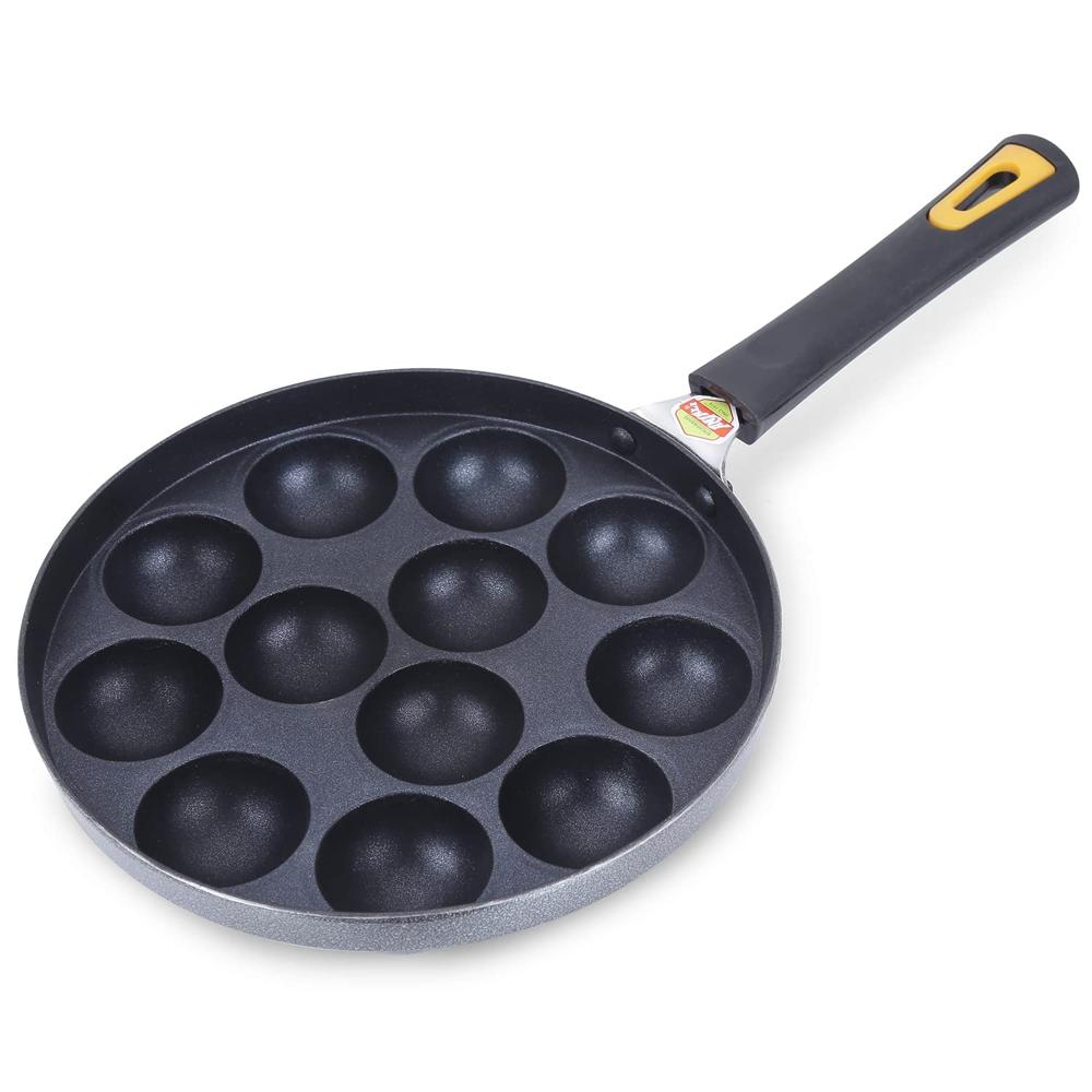 AGARO Elegant Non Stick Appam Patra, 24 cm Diameter, 12 Cavities, Gas Oven Compatible, Riveted Cool Touch Handle, 4 mm Thick, Granite Finish, Black.  33980