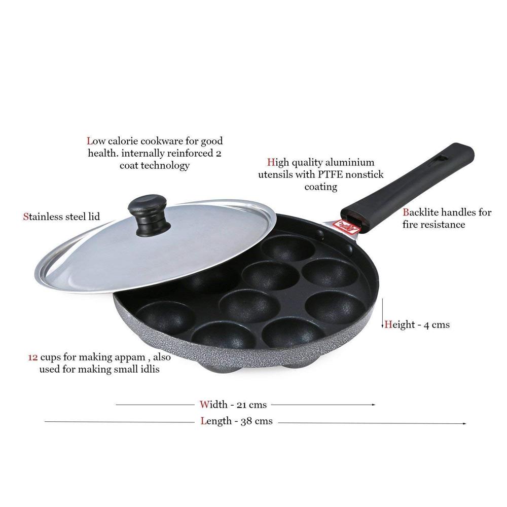 AGARO Elegant Non Stick Appam Patra, 24 cm Diameter, 12 Cavities, Gas Oven Compatible, Riveted Cool Touch Handle, 4 mm Thick, Granite Finish, Black.  33980
