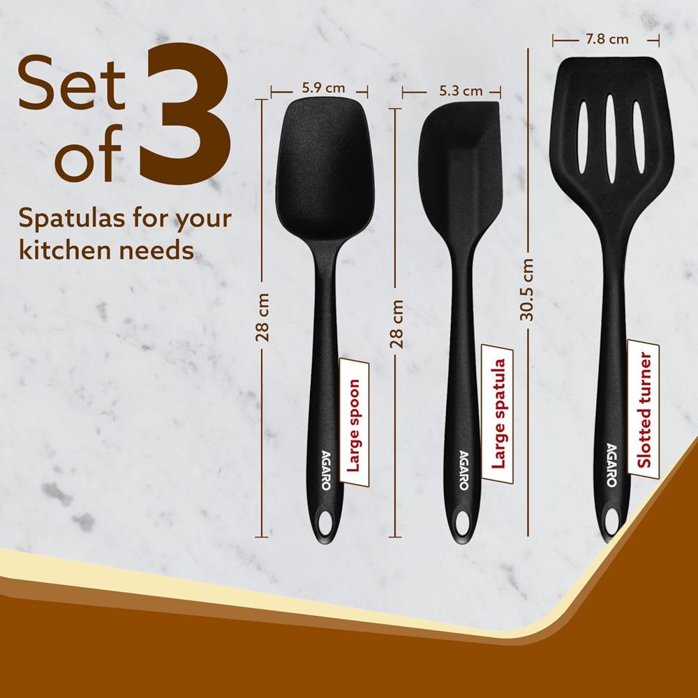 AGARO Silicone Spatula Set of 3, Large Heat Resistant Spatula for Cooking, Baking and Mixing, Non-Stick Cookware for Kitchen, BPA Free, Flexible, Seamless Design, Deluxe, Black 34034