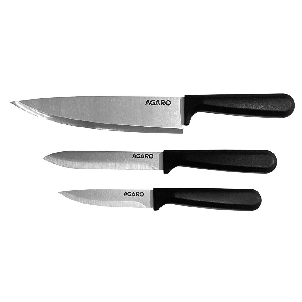 AGARO Majestic 3 Pcs Knife Set for Kitchen, High Carbon Stainless Steel, Non-Slip PP Handle, Cooking, Cutting, Slicing, Utility, Paring, Home and Restaurant Use, Silver. 33410