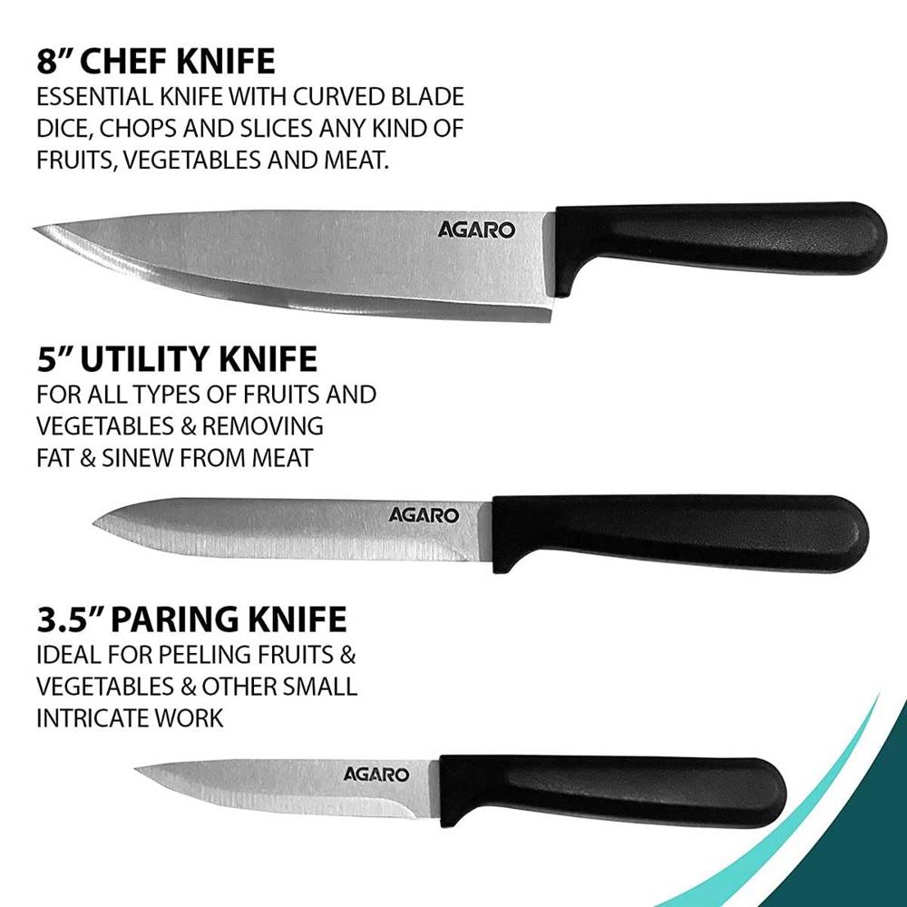 AGARO Majestic 3 Pcs Knife Set for Kitchen, High Carbon Stainless Steel, Non-Slip PP Handle, Cooking, Cutting, Slicing, Utility, Paring, Home and Restaurant Use, Silver. 33410