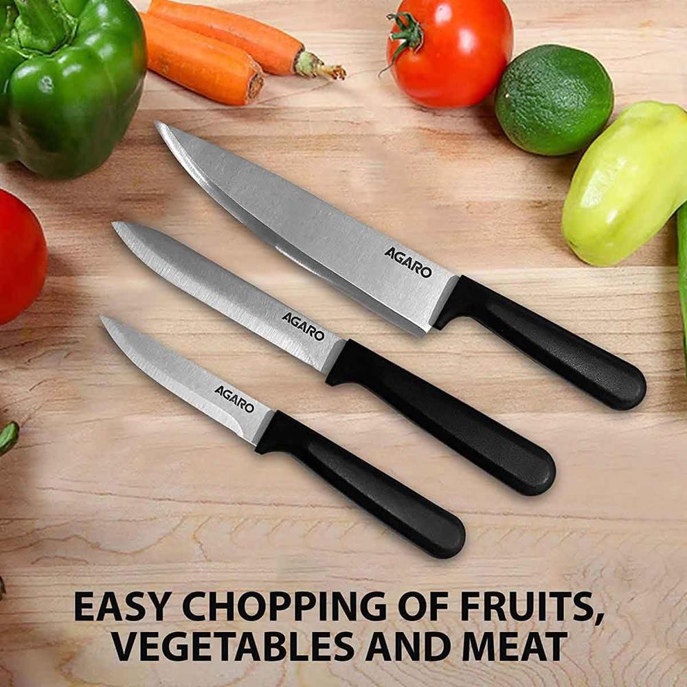 AGARO Majestic 3 Pcs Knife Set for Kitchen, High Carbon Stainless Steel, Non-Slip PP Handle, Cooking, Cutting, Slicing, Utility, Paring, Home and Restaurant Use, Silver. 33410