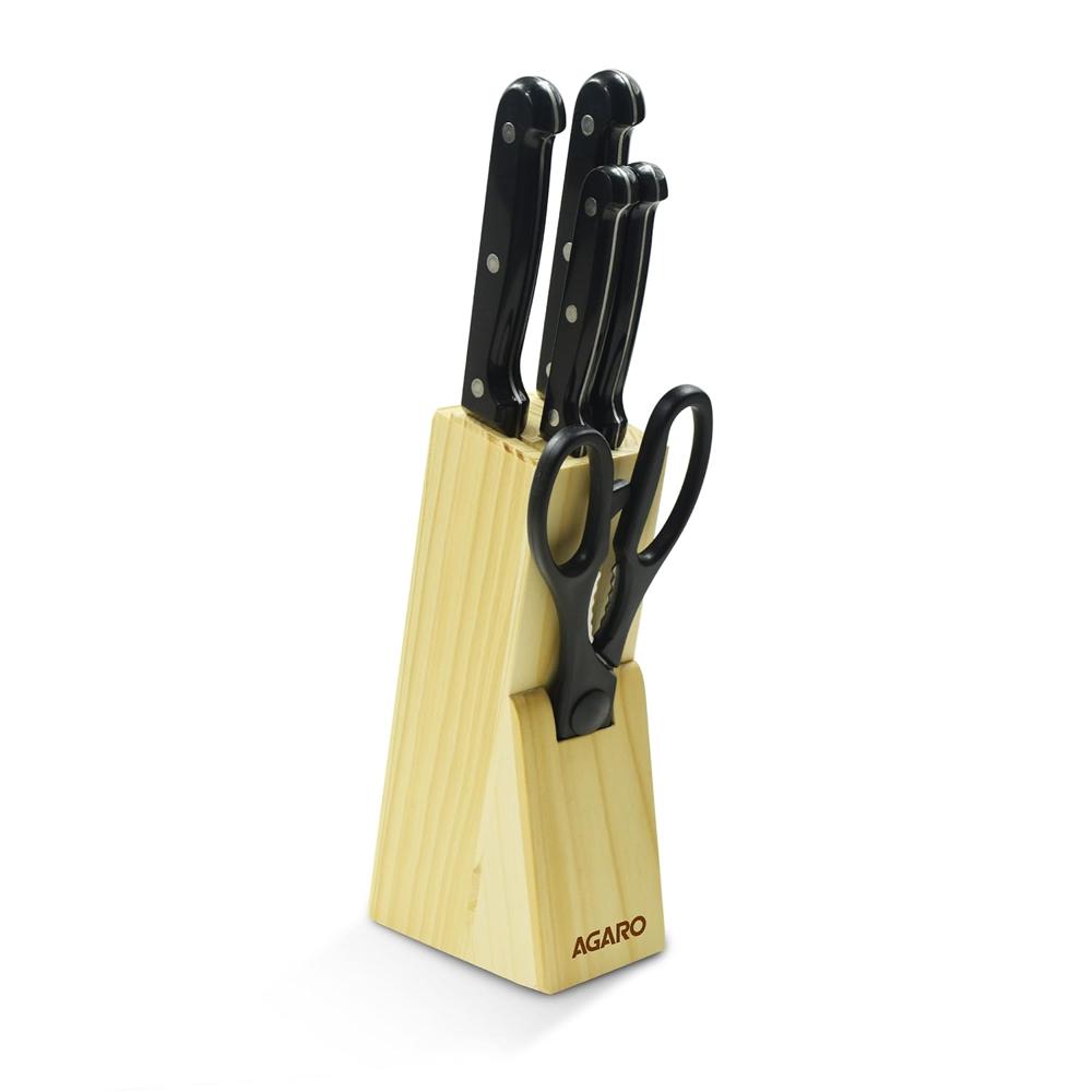 Agaro Galaxy 6 Pcs Kitchen Knife Set, 4 Knives, 1 Scissor, 1 Wooden Case, High Carbon Stainless Steel, Non-Slip Triple Rivet Strong Handle, Cooking, Cutting, Slicing, Home & Restaurant Use, Silver 33408 - Handle Type: Na