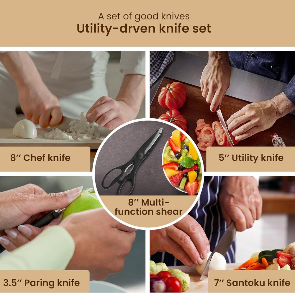 AGARO Galaxy 6 Pcs Kitchen Knife Set, 4 Knives, 1 Scissor, 1 Wooden Case, High Carbon Stainless Steel, Non-Slip Triple Rivet Strong Handle, Cooking, Cutting, Slicing, Home & Restaurant Use, Silver 33408