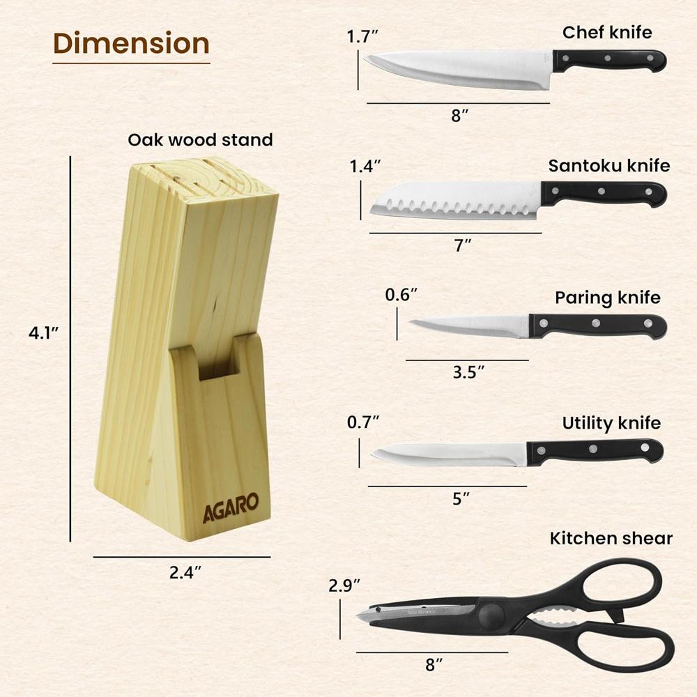 AGARO Galaxy 6 Pcs Kitchen Knife Set, 4 Knives, 1 Scissor, 1 Wooden Case, High Carbon Stainless Steel, Non-Slip Triple Rivet Strong Handle, Cooking, Cutting, Slicing, Home & Restaurant Use, Silver 33408