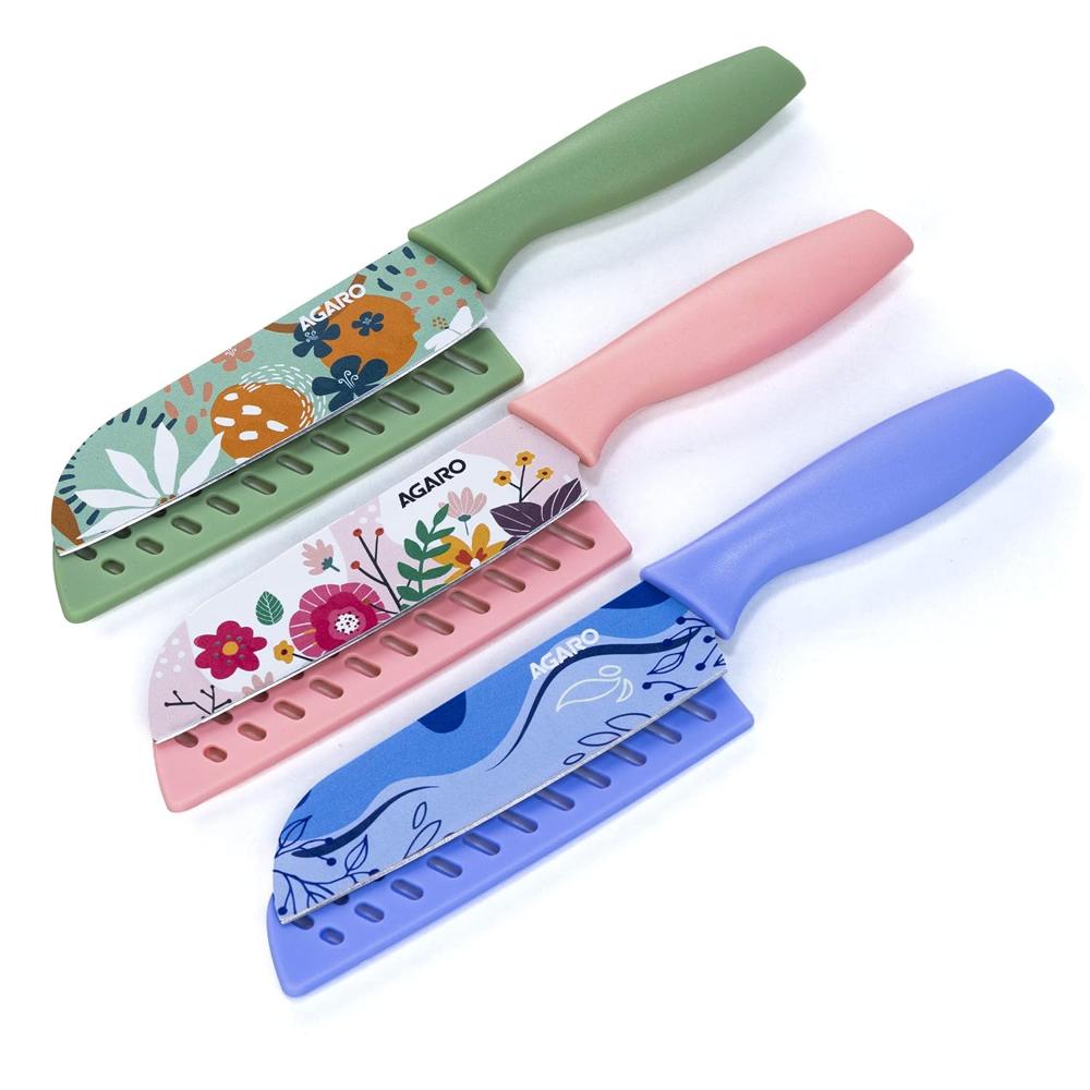 Agaro Knife Set, Printed Knife Set, Stainless Steel Knife For Kitchen Use, Home Use, Santoku Knife, Non-Slip Handle, Plastic Cover, Cutting, Slicing, Chopping, Set Of 3 (Blue, Green, Pink) 34004 - Color: Multicolur