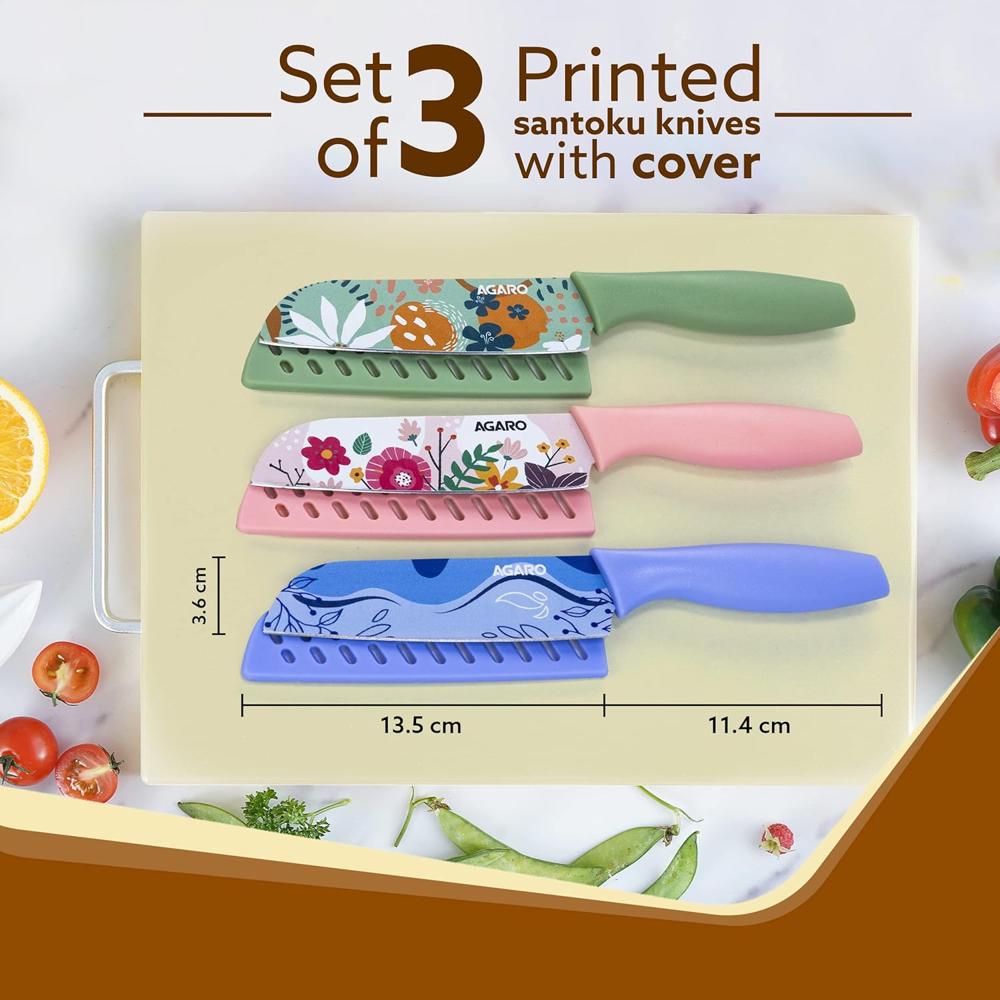AGARO Knife Set, Printed Knife Set, Stainless Steel Knife for Kitchen Use, Home Use, Santoku Knife, Non-Slip Handle, Plastic Cover, Cutting, Slicing, Chopping, Set of 3 (Blue, Green, Pink)  34004