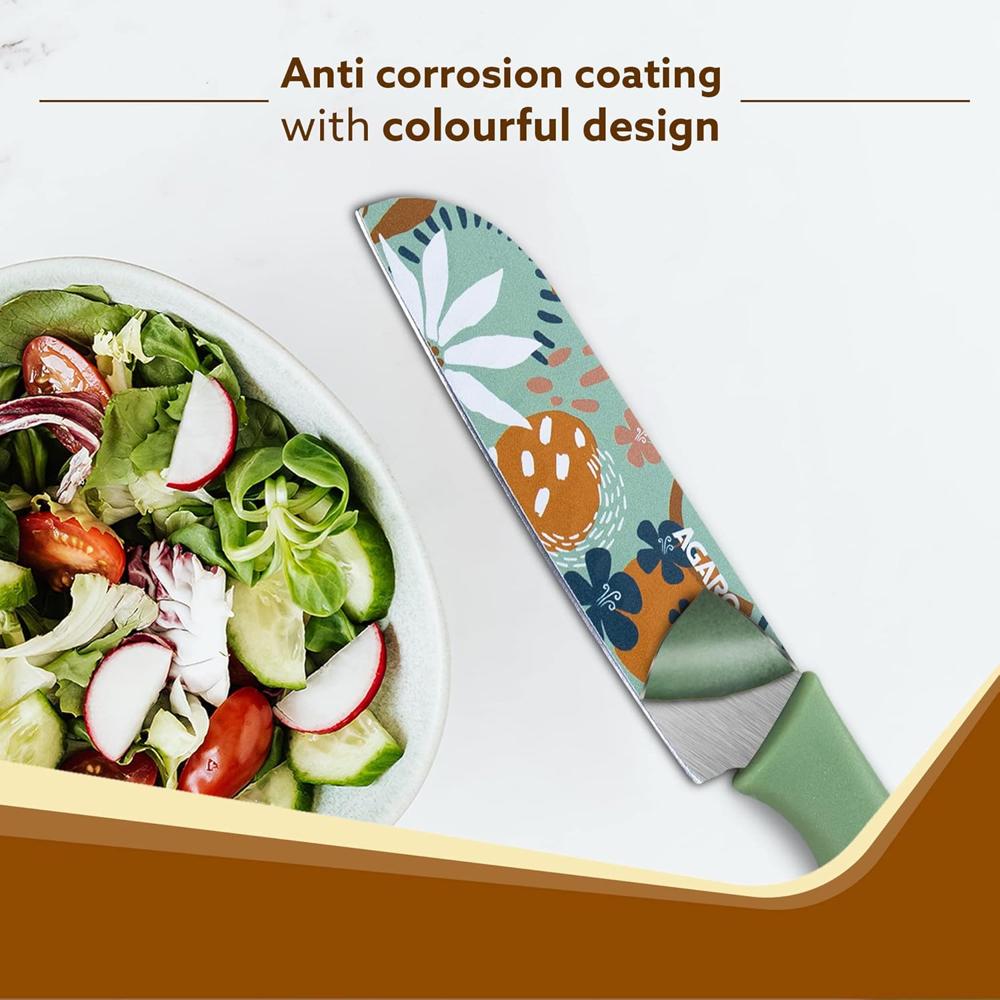 AGARO Knife Set, Printed Knife Set, Stainless Steel Knife for Kitchen Use, Home Use, Santoku Knife, Non-Slip Handle, Plastic Cover, Cutting, Slicing, Chopping, Set of 3 (Blue, Green, Pink)  34004