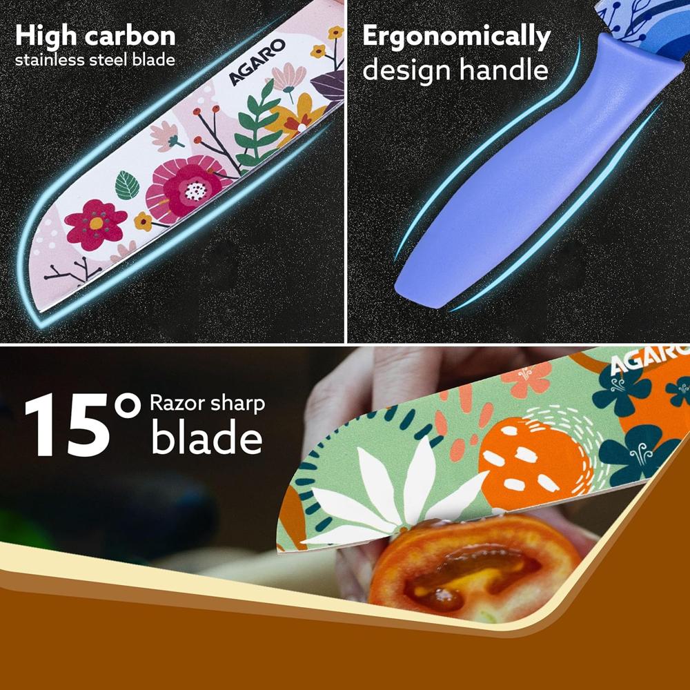 AGARO Knife Set, Printed Knife Set, Stainless Steel Knife for Kitchen Use, Home Use, Santoku Knife, Non-Slip Handle, Plastic Cover, Cutting, Slicing, Chopping, Set of 3 (Blue, Green, Pink)  34004