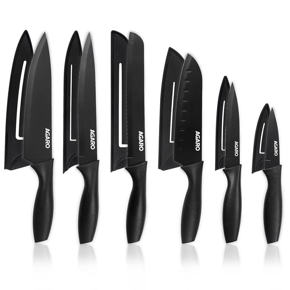 AGARO Royal 6 Pcs Kitchen Knife Set with Cover, High Carbon Stainless Steel Black Colour Coated Professional Chef Knife, Utility, Sontuku, Bread, Utility, Paring, for Home & Restaurant Use, Black 3351