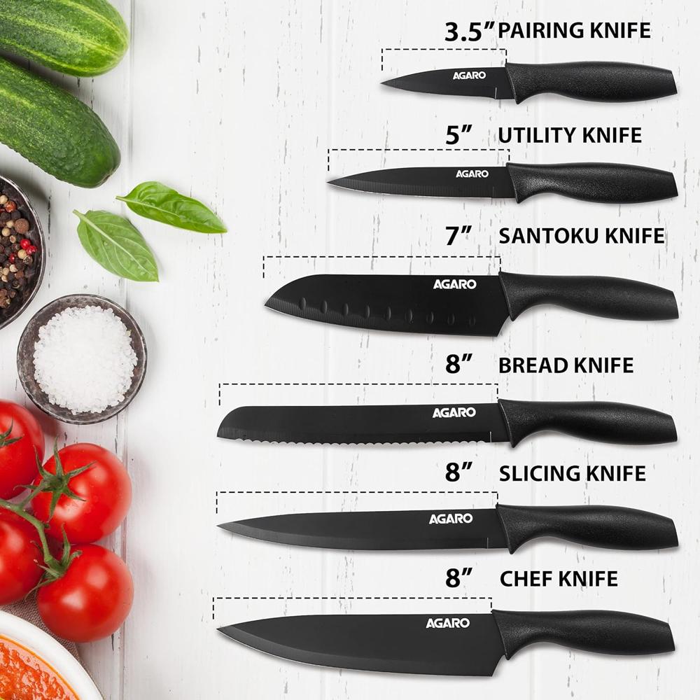 AGARO Royal 6 Pcs Kitchen Knife Set with Cover, High Carbon Stainless Steel Black Colour Coated Professional Chef Knife, Utility, Sontuku, Bread, Utility, Paring, for Home & Restaurant Use, Black 3351