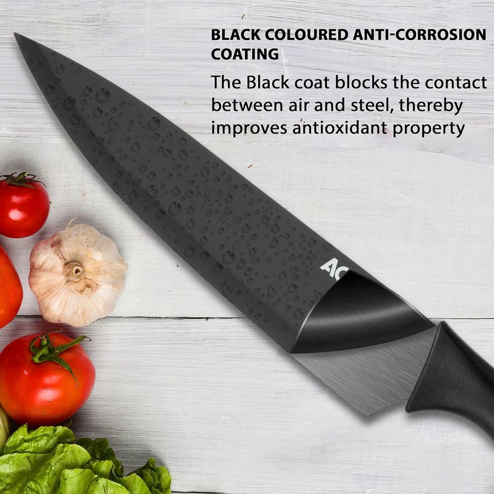 AGARO Royal 6 Pcs Kitchen Knife Set with Cover, High Carbon Stainless Steel Black Colour Coated Professional Chef Knife, Utility, Sontuku, Bread, Utility, Paring, for Home & Restaurant Use, Black 3351
