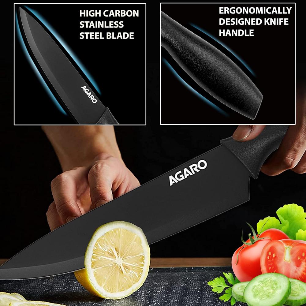 AGARO Royal 6 Pcs Kitchen Knife Set with Cover, High Carbon Stainless Steel Black Colour Coated Professional Chef Knife, Utility, Sontuku, Bread, Utility, Paring, for Home & Restaurant Use, Black 3351