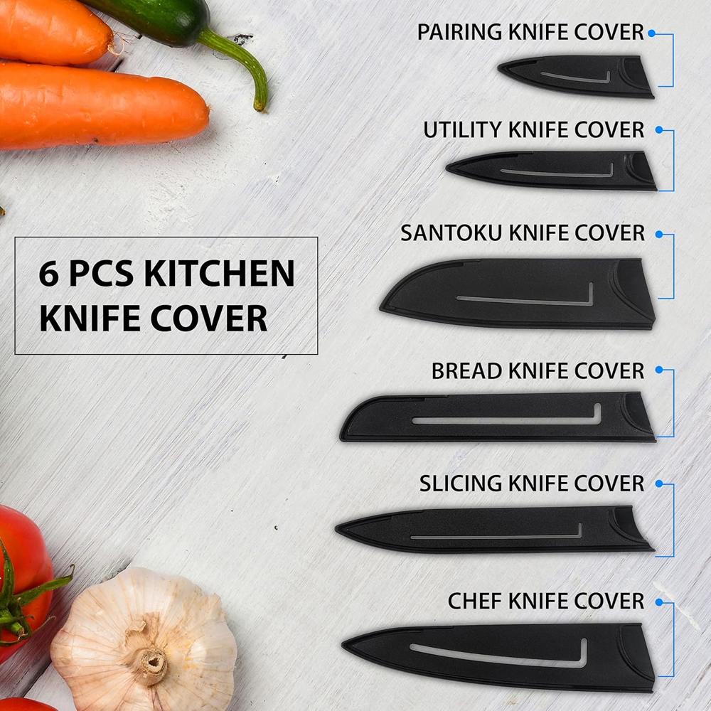 AGARO Royal 6 Pcs Kitchen Knife Set with Cover, High Carbon Stainless Steel Black Colour Coated Professional Chef Knife, Utility, Sontuku, Bread, Utility, Paring, for Home & Restaurant Use, Black 3351