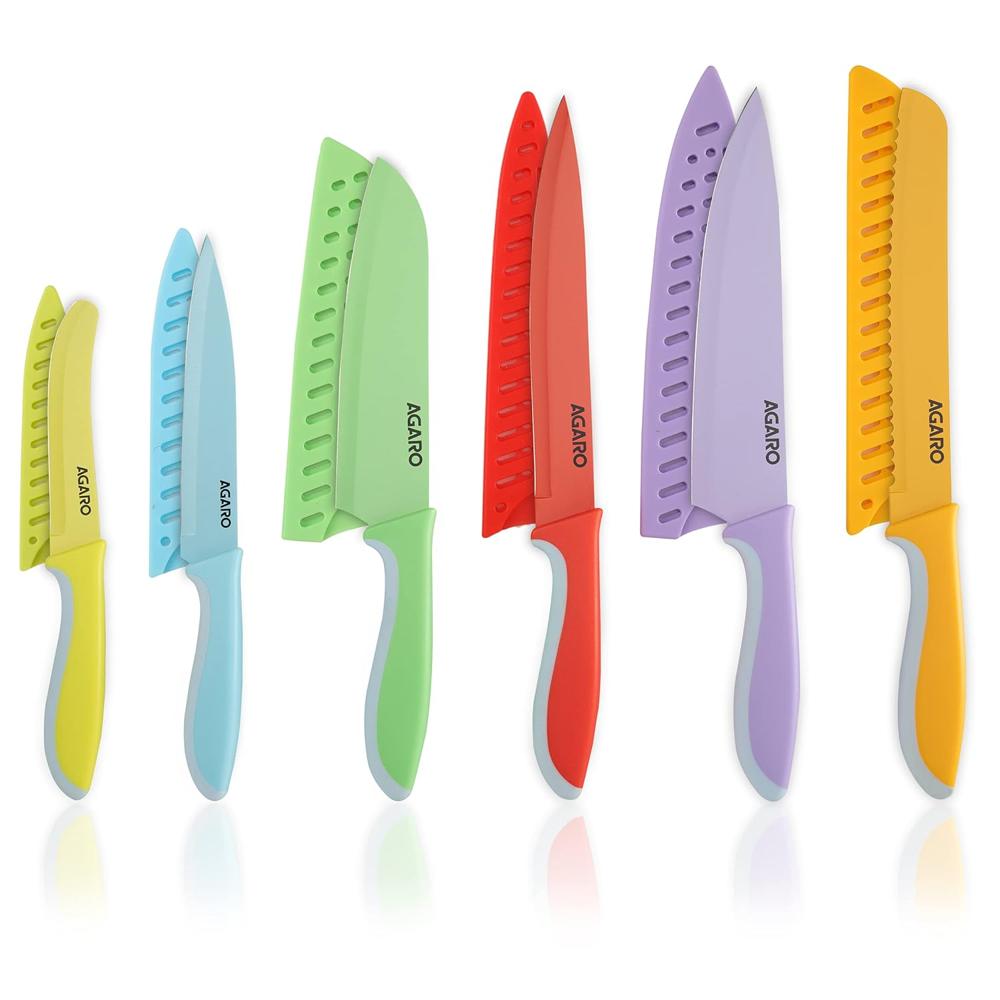 Agaro Royal 6 Pcs Coloured Kitchen Knife Set With Covers, High Carbon Stainless Steel Professional Chef Knife I Bread Knife I Santoku Knife I Utility Knife I Butter Knife I Slicing Knife Set For Kitchen (multi Colour).  33518 - Color: Multicolor