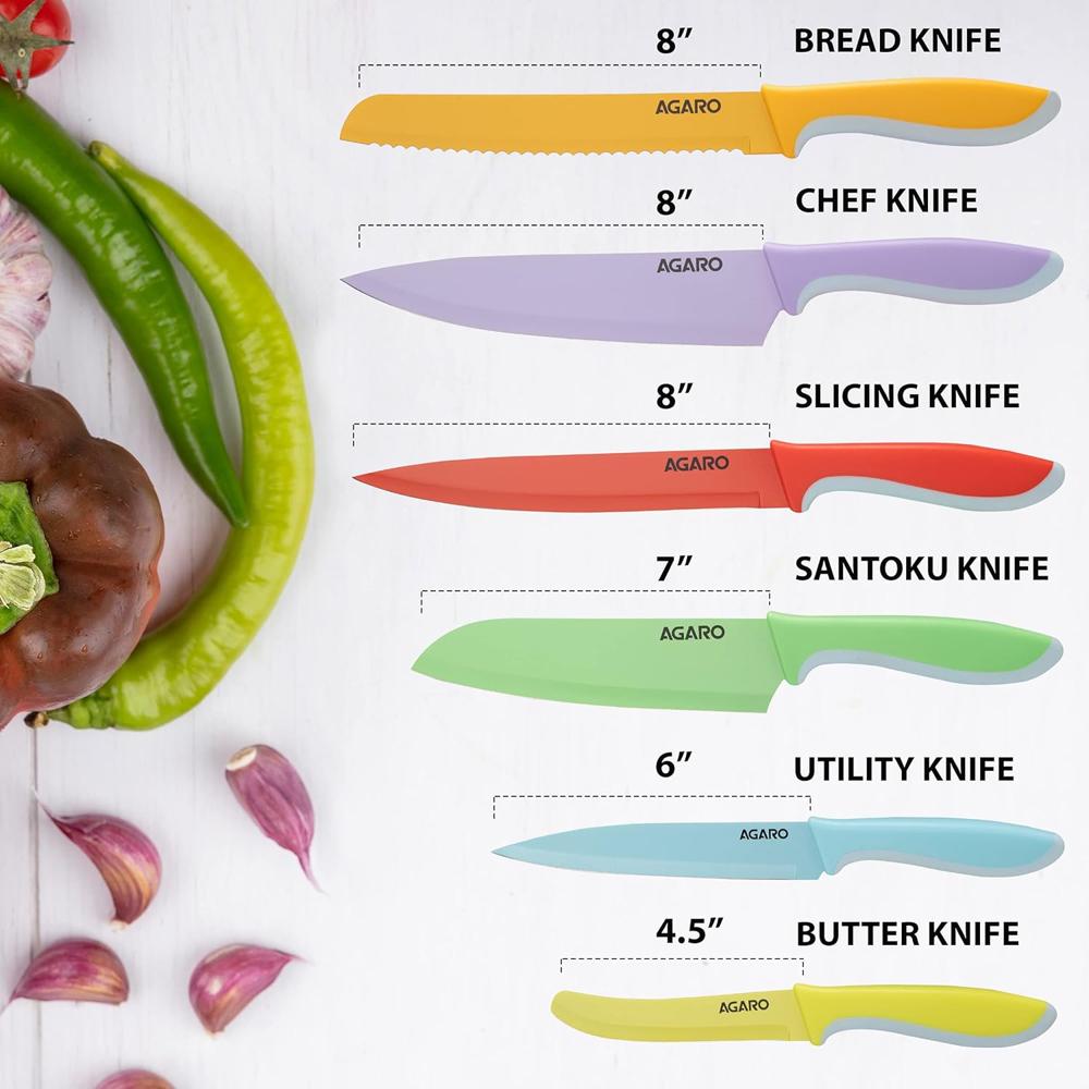 AGARO Royal 6 Pcs Coloured Kitchen Knife Set with Covers, High Carbon Stainless Steel Professional Chef Knife I Bread Knife I Santoku Knife I Utility Knife I Butter Knife I Slicing Knife Set for Kitchen (Multi Colour).  33518