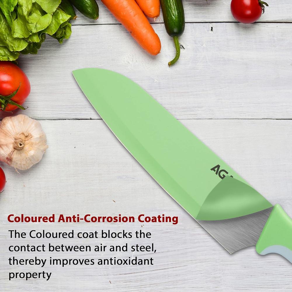 AGARO Royal 6 Pcs Coloured Kitchen Knife Set with Covers, High Carbon Stainless Steel Professional Chef Knife I Bread Knife I Santoku Knife I Utility Knife I Butter Knife I Slicing Knife Set for Kitchen (Multi Colour).  33518