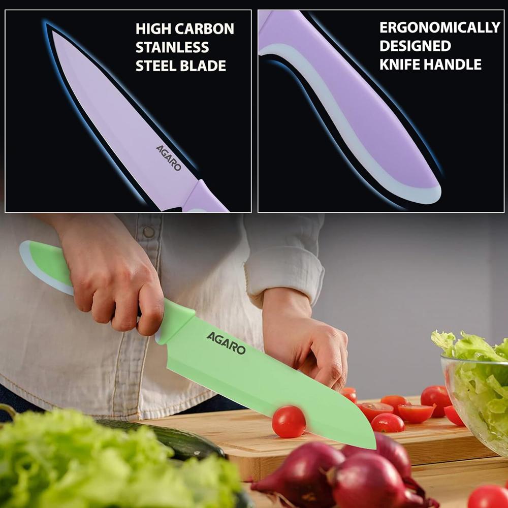 AGARO Royal 6 Pcs Coloured Kitchen Knife Set with Covers, High Carbon Stainless Steel Professional Chef Knife I Bread Knife I Santoku Knife I Utility Knife I Butter Knife I Slicing Knife Set for Kitchen (Multi Colour).  33518