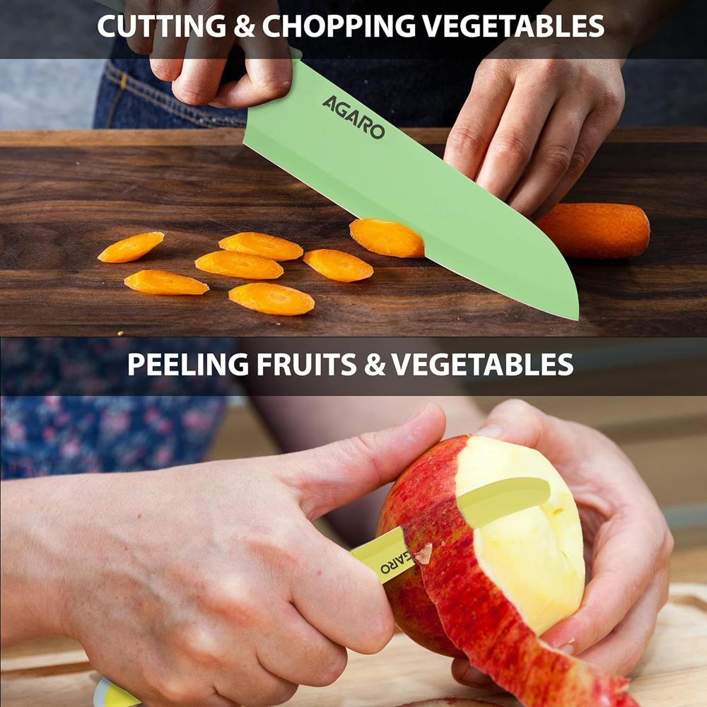 AGARO Royal 6 Pcs Coloured Kitchen Knife Set with Covers, High Carbon Stainless Steel Professional Chef Knife I Bread Knife I Santoku Knife I Utility Knife I Butter Knife I Slicing Knife Set for Kitchen (Multi Colour).  33518