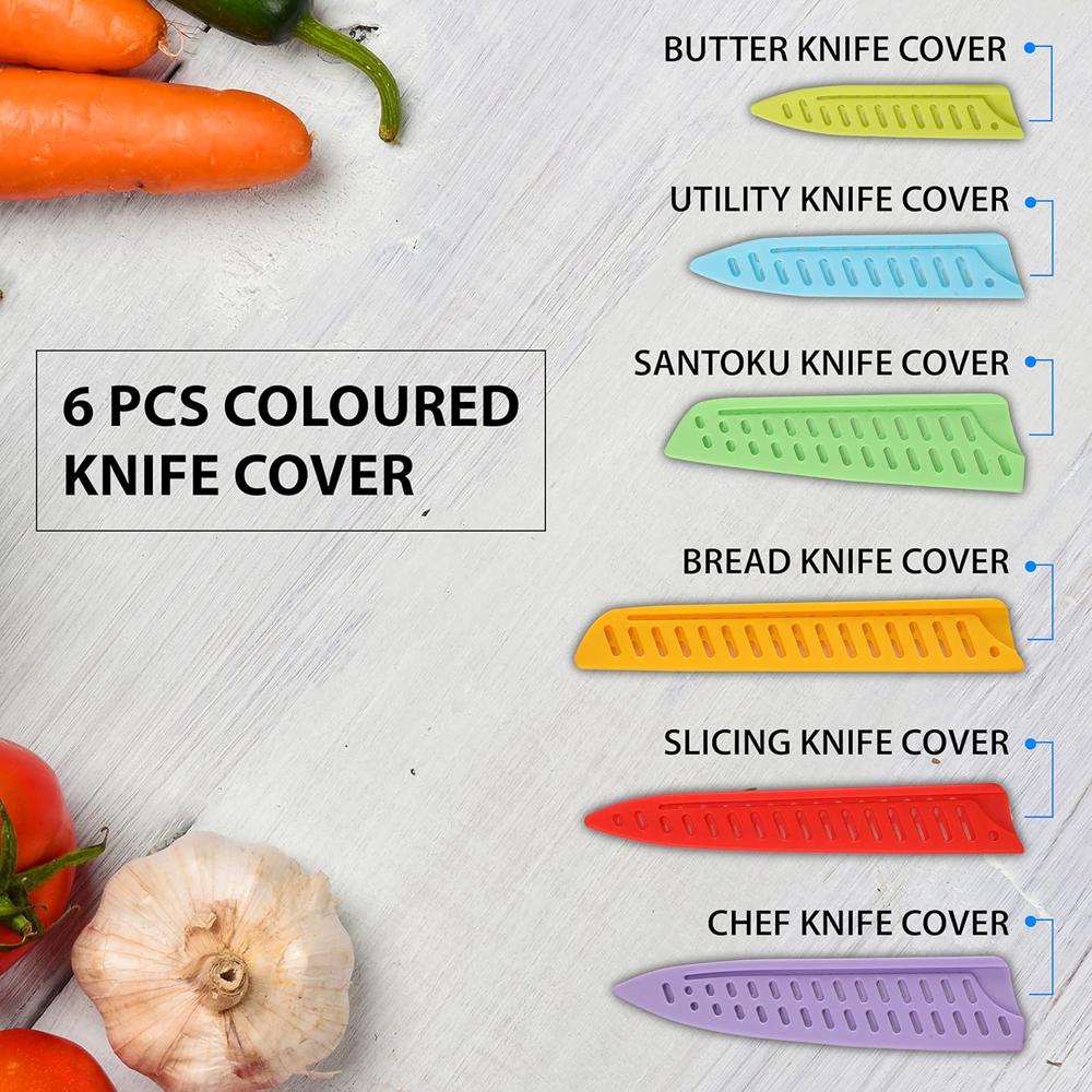 AGARO Royal 6 Pcs Coloured Kitchen Knife Set with Covers, High Carbon Stainless Steel Professional Chef Knife I Bread Knife I Santoku Knife I Utility Knife I Butter Knife I Slicing Knife Set for Kitchen (Multi Colour).  33518