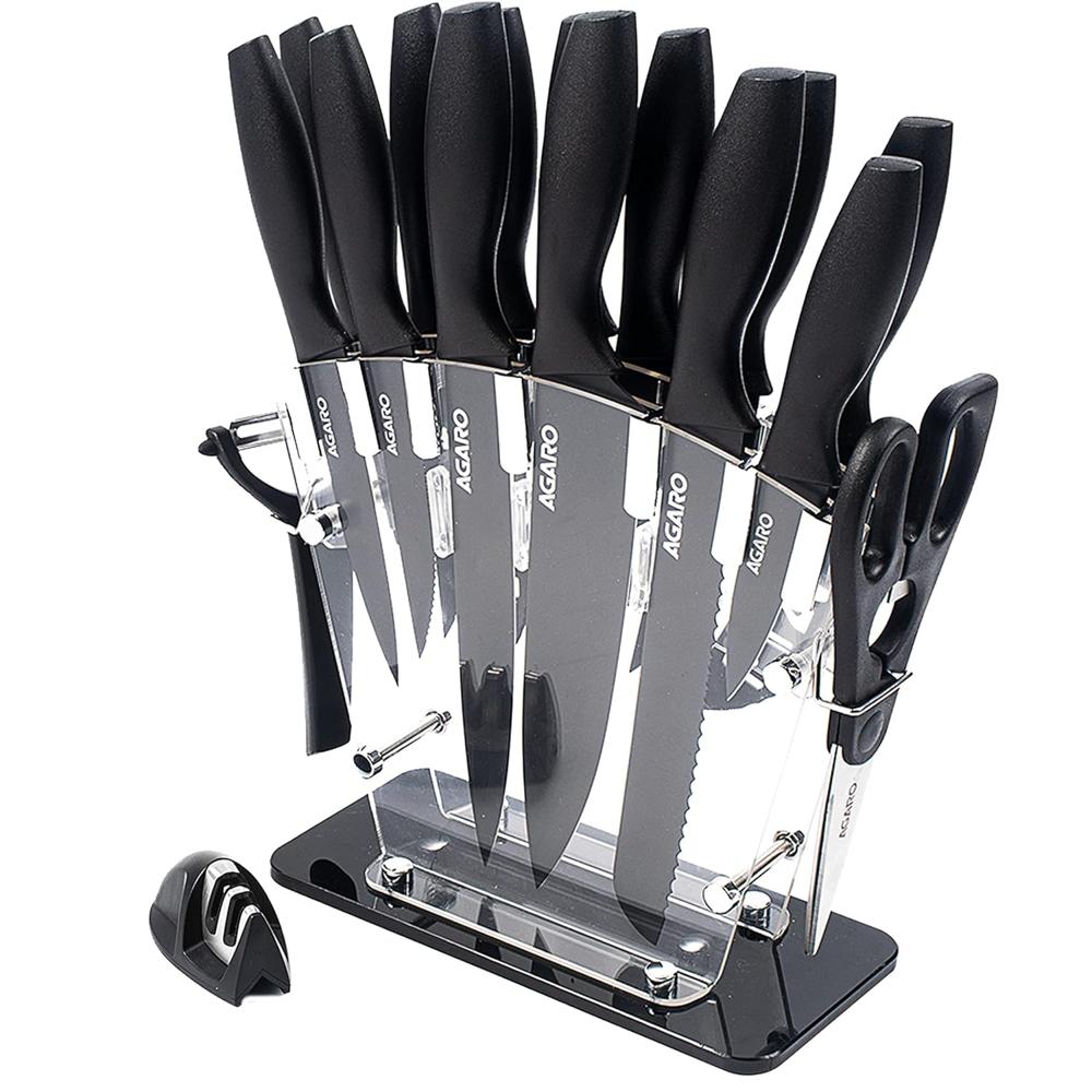 Agaro Grand 17Pcs Kitchen Knife Set High Carbon Stainless Steel Professional Chef Knife Set For Kitchen (13 Knives + Acrylic Stand +Scissors +Peeler & Knife Sharpener) Home & Restaurant Use Black 33520 - Handle Type: Na