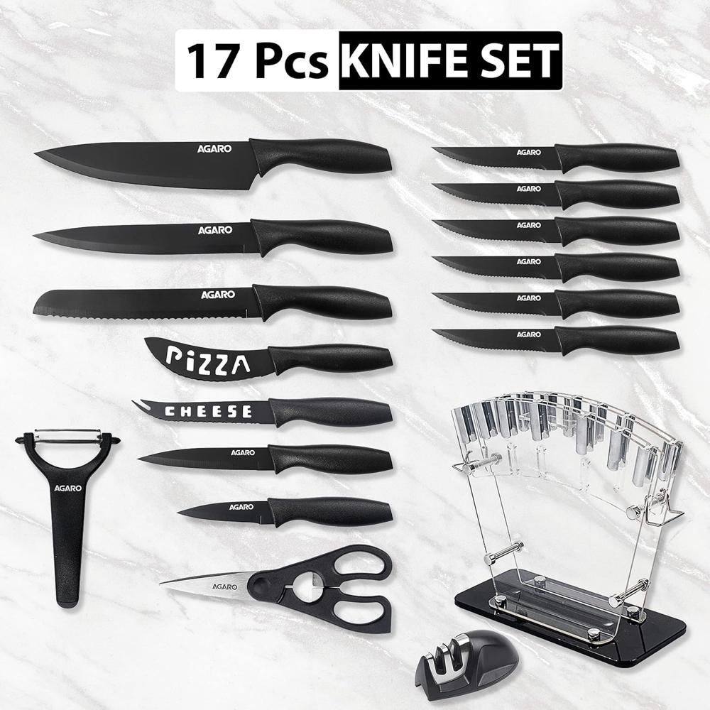 AGARO Grand 17Pcs Kitchen Knife Set, High Carbon Stainless Steel, Professional Chef Knife Set for Kitchen, (13 Knives + Acrylic Stand +Scissors +Peeler & Knife Sharpener), Home & Restaurant Use, Black 33520