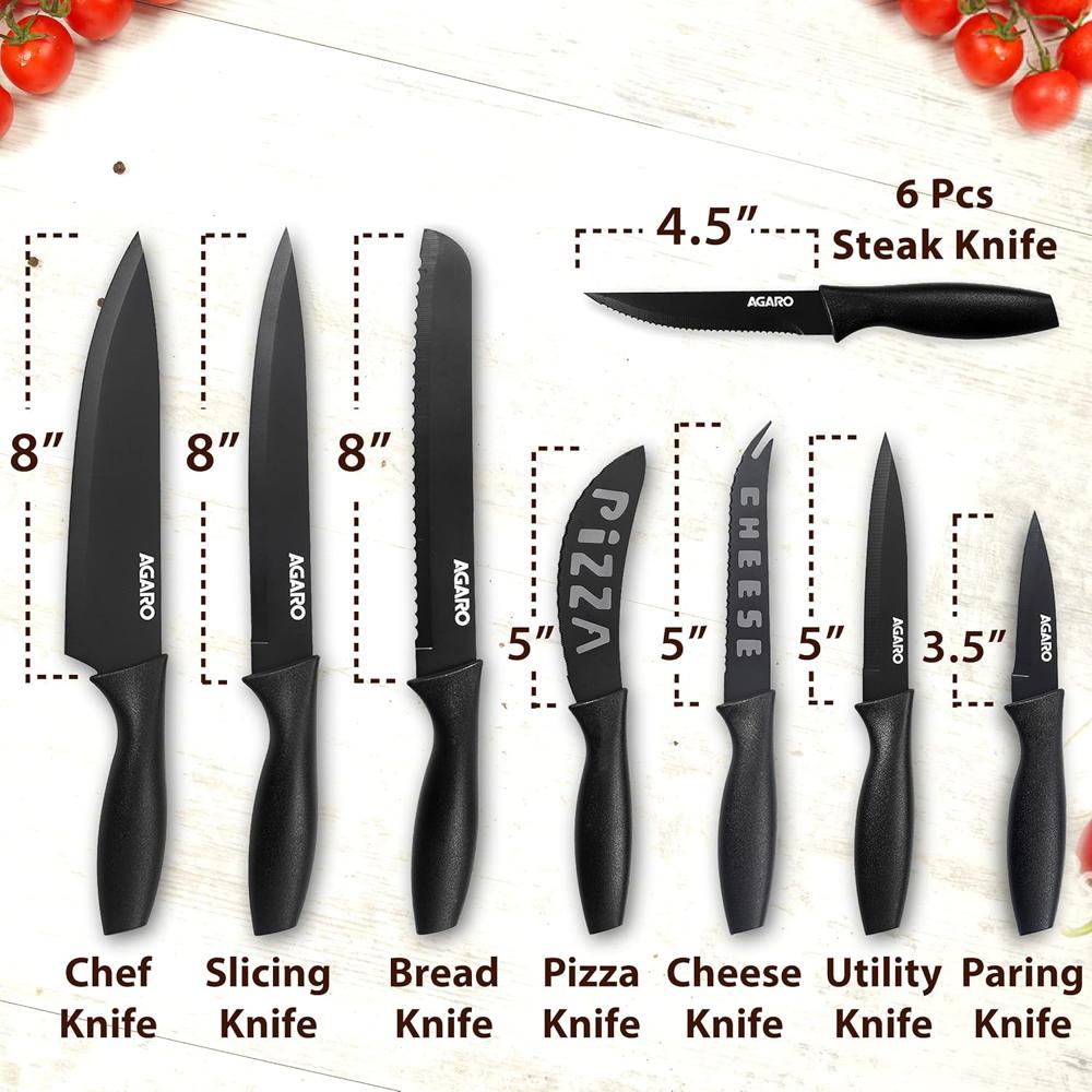 AGARO Grand 17Pcs Kitchen Knife Set, High Carbon Stainless Steel, Professional Chef Knife Set for Kitchen, (13 Knives + Acrylic Stand +Scissors +Peeler & Knife Sharpener), Home & Restaurant Use, Black 33520