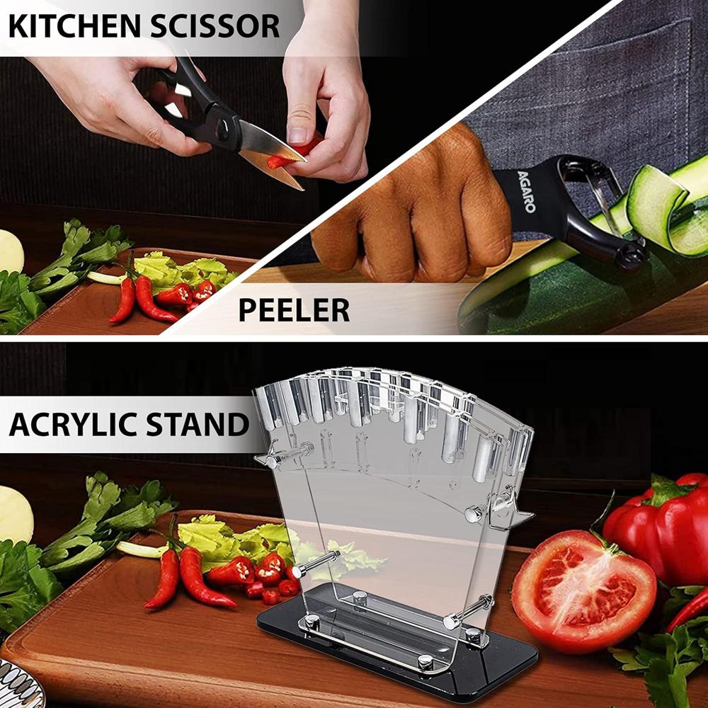 AGARO Grand 17Pcs Kitchen Knife Set, High Carbon Stainless Steel, Professional Chef Knife Set for Kitchen, (13 Knives + Acrylic Stand +Scissors +Peeler & Knife Sharpener), Home & Restaurant Use, Black 33520