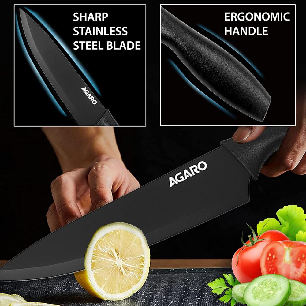 AGARO Grand 17Pcs Kitchen Knife Set, High Carbon Stainless Steel, Professional Chef Knife Set for Kitchen, (13 Knives + Acrylic Stand +Scissors +Peeler & Knife Sharpener), Home & Restaurant Use, Black 33520