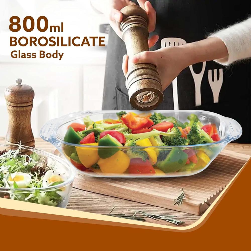 AGARO Elite Borosilicate Glass Baking Tray for Kitchen, 800 ml, Baking Dish, Serving Bowl, Oven & Microwave, Dishwasher and Freezer safe, Rectangle, Transparent, Glass Bowl Container 33807