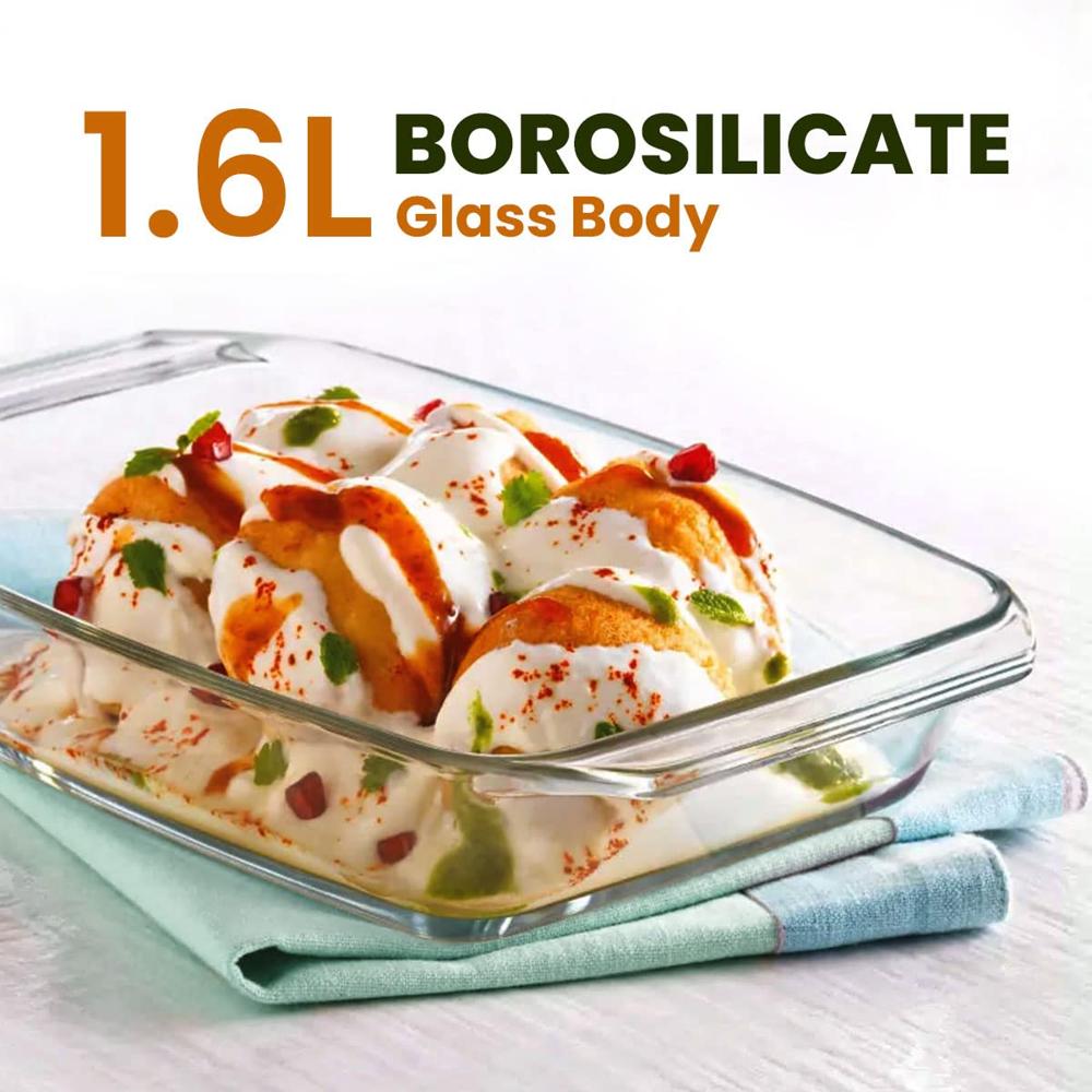 AGARO Elite Borosilicate Glass Baking Tray for Kitchen, 1600 ml, Baking Dish, Serving Bowl, Oven & Microwave, Dishwasher and Freezer Safe, Rectangle, Transparent, Glass Bowl Container 33808