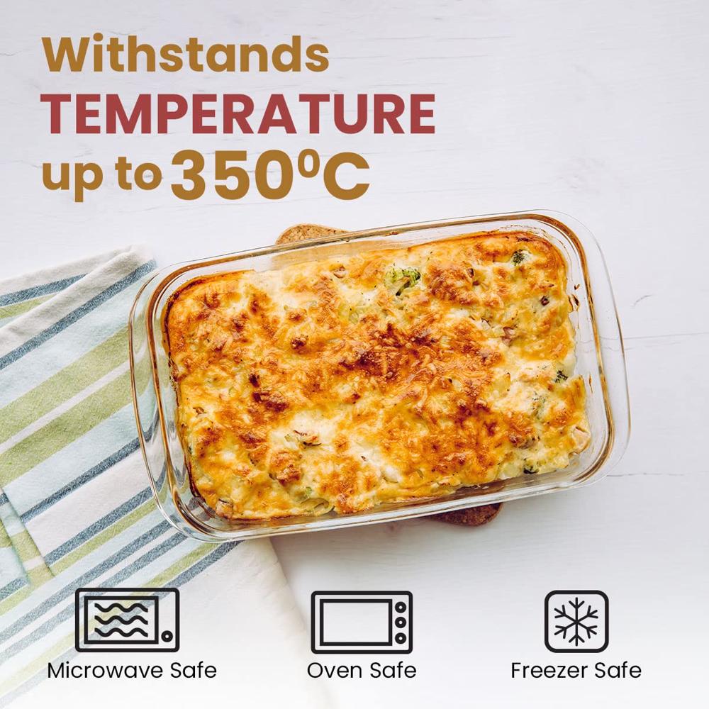 AGARO Elite Borosilicate Glass Baking Tray for Kitchen, 1600 ml, Baking Dish, Serving Bowl, Oven & Microwave, Dishwasher and Freezer Safe, Rectangle, Transparent, Glass Bowl Container 33808