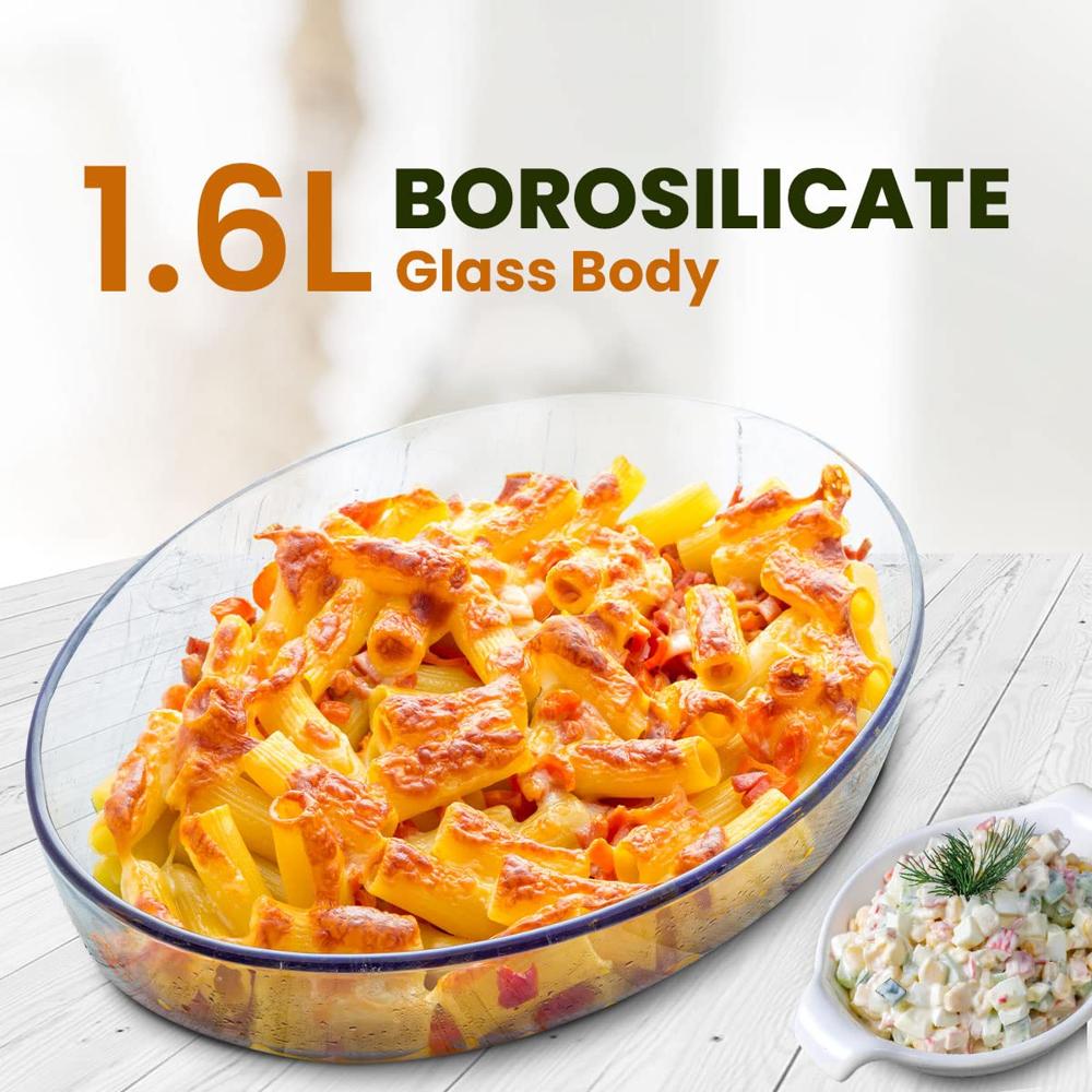AGARO Elite Borosilicate Glass Baking Tray for Kitchen, 1600 ml, Baking Dish, Serving Bowl, OTG, Oven & Microwave, Dishwasher and Freezer safe, Oval, Transparent, Glass Bowl Container 33809