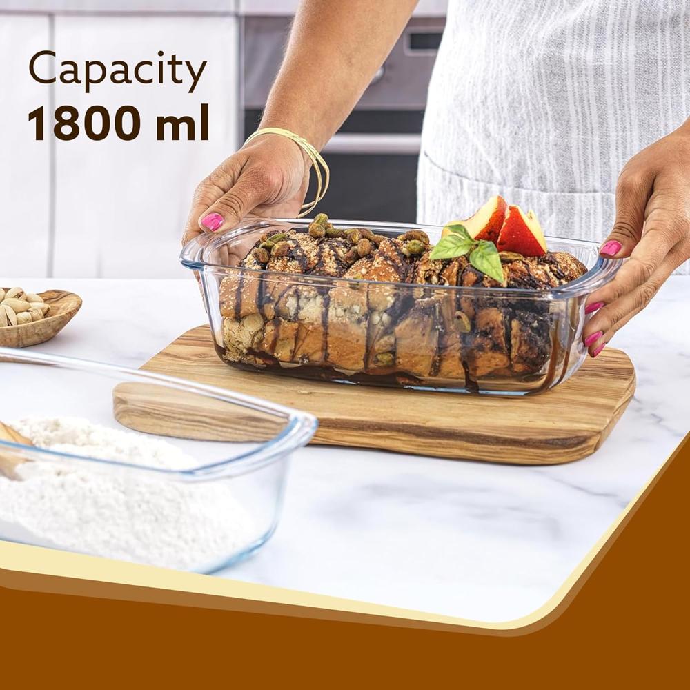 AGARO Elite Glass Loaf Tray Rectangular, 1800ml, Bake Safe, Oven Safe, Glass Dish Tray, Borosilicate Glass Tray, Serving Tray, Microwave Oven Safe, Kitchen, Food Serving, Transparent 34120
