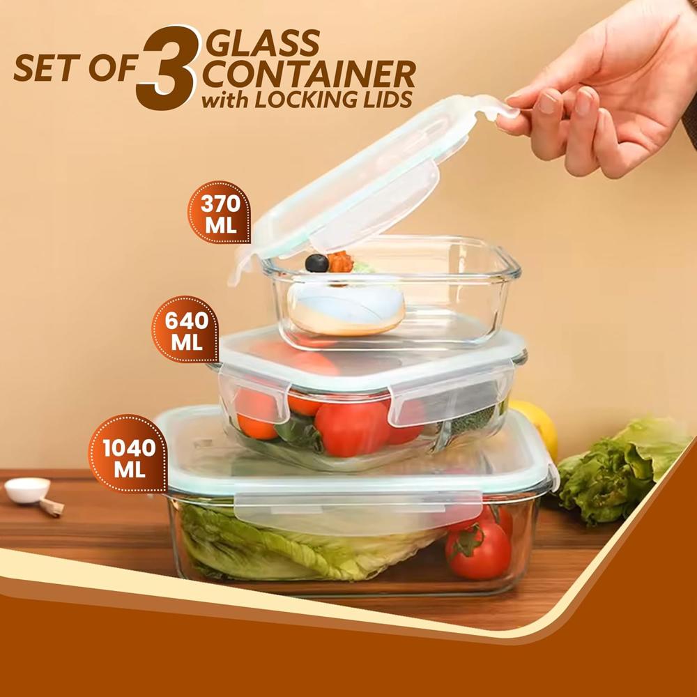 AGARO Borosilicate Glass Containers with Lids, 3 pcs Set, 370ml, 640ml &1040ml, Kitchen, Microwave, Oven & Freezer Safe, Baking Dish, Rectangle, Baking Tray, Scratch Resistant, Transparent 33810