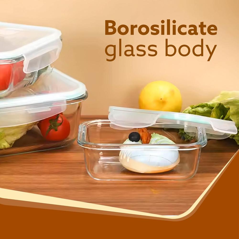 AGARO Borosilicate Glass Containers with Lids, 3 pcs Set, 370ml, 640ml &1040ml, Kitchen, Microwave, Oven & Freezer Safe, Baking Dish, Rectangle, Baking Tray, Scratch Resistant, Transparent 33810