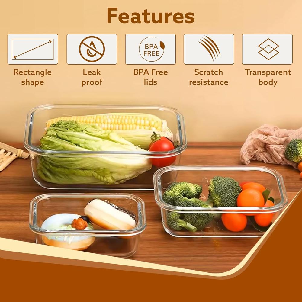 AGARO Borosilicate Glass Containers with Lids, 3 pcs Set, 370ml, 640ml &1040ml, Kitchen, Microwave, Oven & Freezer Safe, Baking Dish, Rectangle, Baking Tray, Scratch Resistant, Transparent 33810