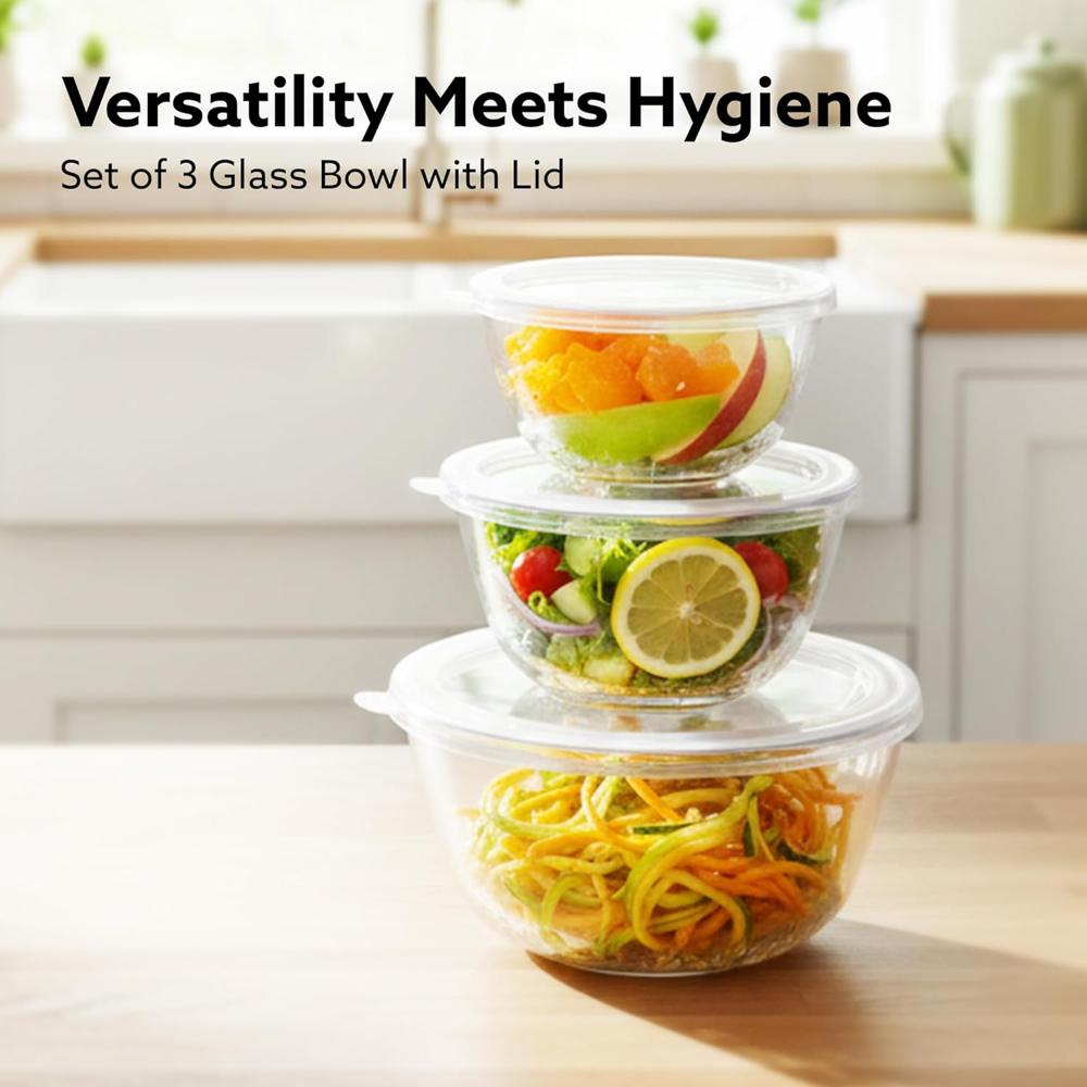 AGARO Borosilicate Glass Mixing Bowl with Lid, 3 Pcs Set (500ml, 800ml &1600ml), Serving Bowl, Kitchen, Oven & Microwave, Dishwasher and Freezer Safe, Scratch Resistant, Round, Transparent