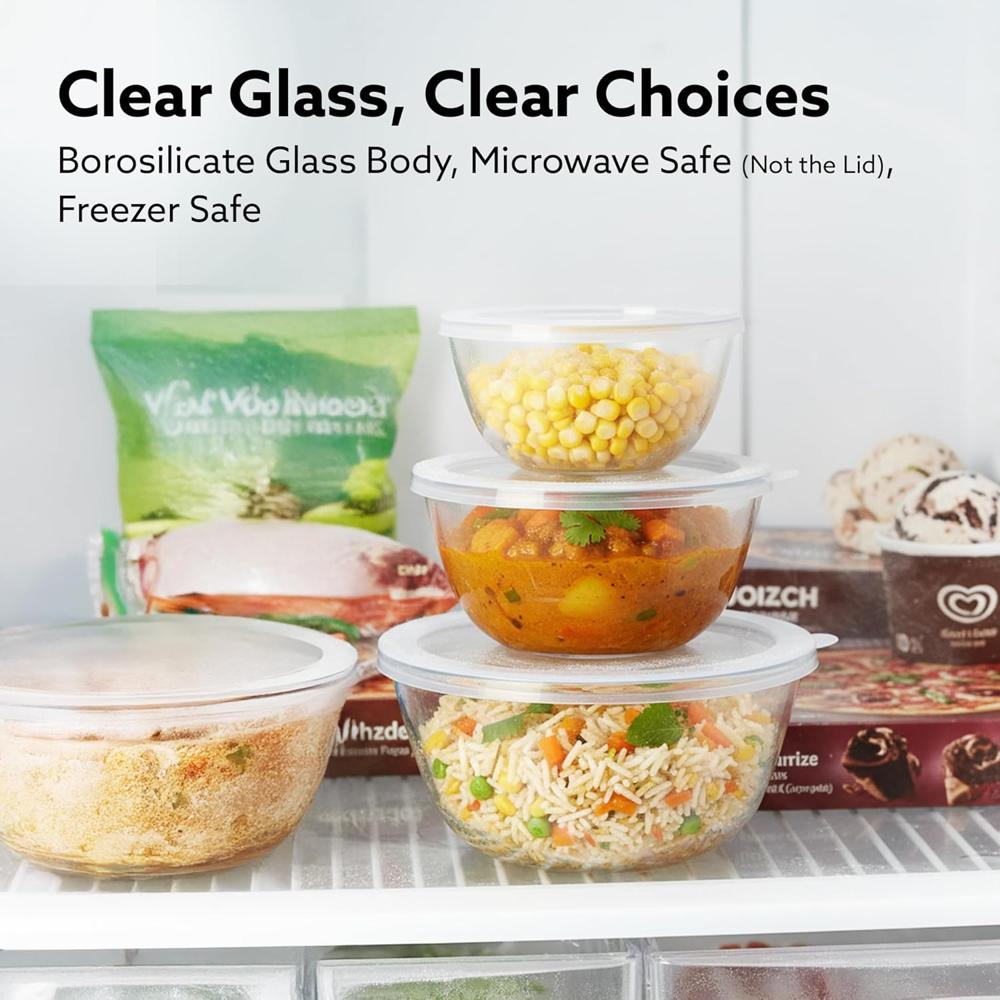 AGARO Borosilicate Glass Mixing Bowl with Lid, 3 Pcs Set (500ml, 800ml &1600ml), Serving Bowl, Kitchen, Oven & Microwave, Dishwasher and Freezer Safe, Scratch Resistant, Round, Transparent