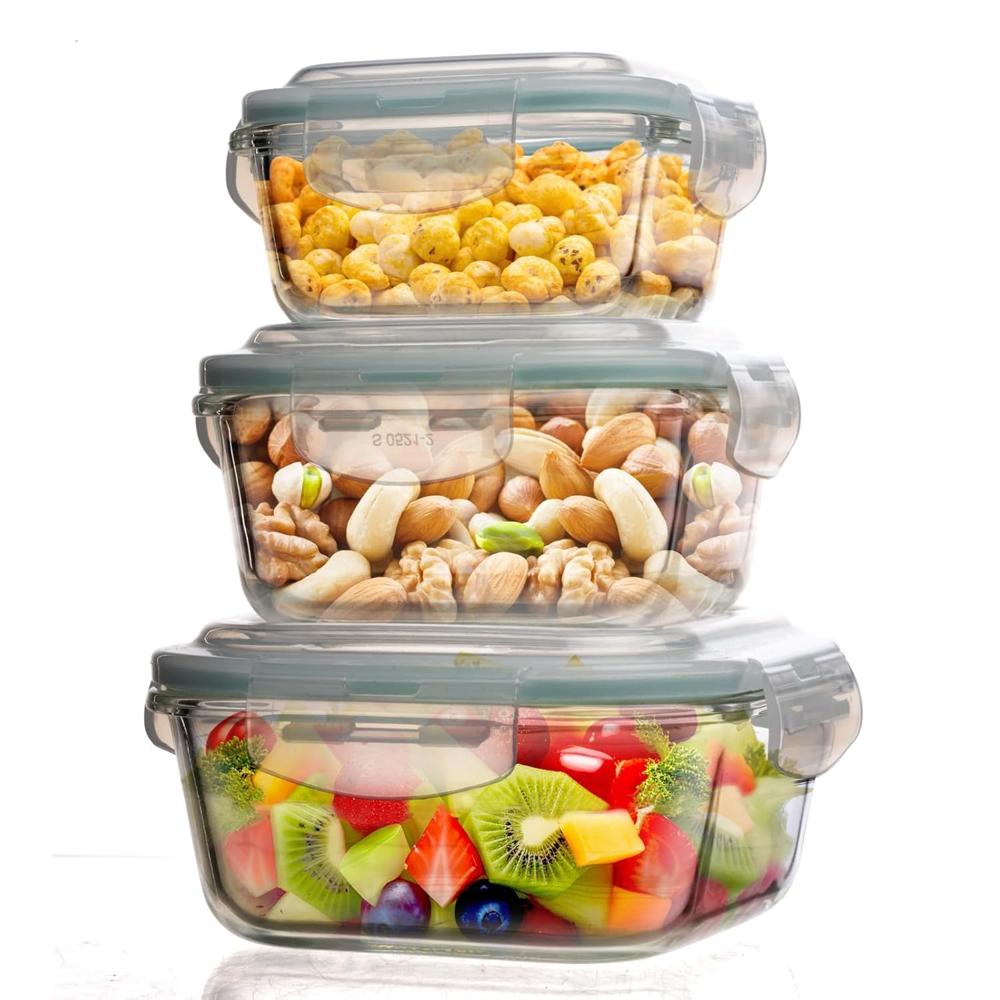 Agaro Borosilicate Glass Container With Lids, 3 Pcs Set, 320Ml, 520Ml & 800Ml, Microwave, Oven & Freezer Safe, Baking Dish, Square, Baking Tray, Scratch Resistant, Transparent 33812 - Capacity: 320Ml
