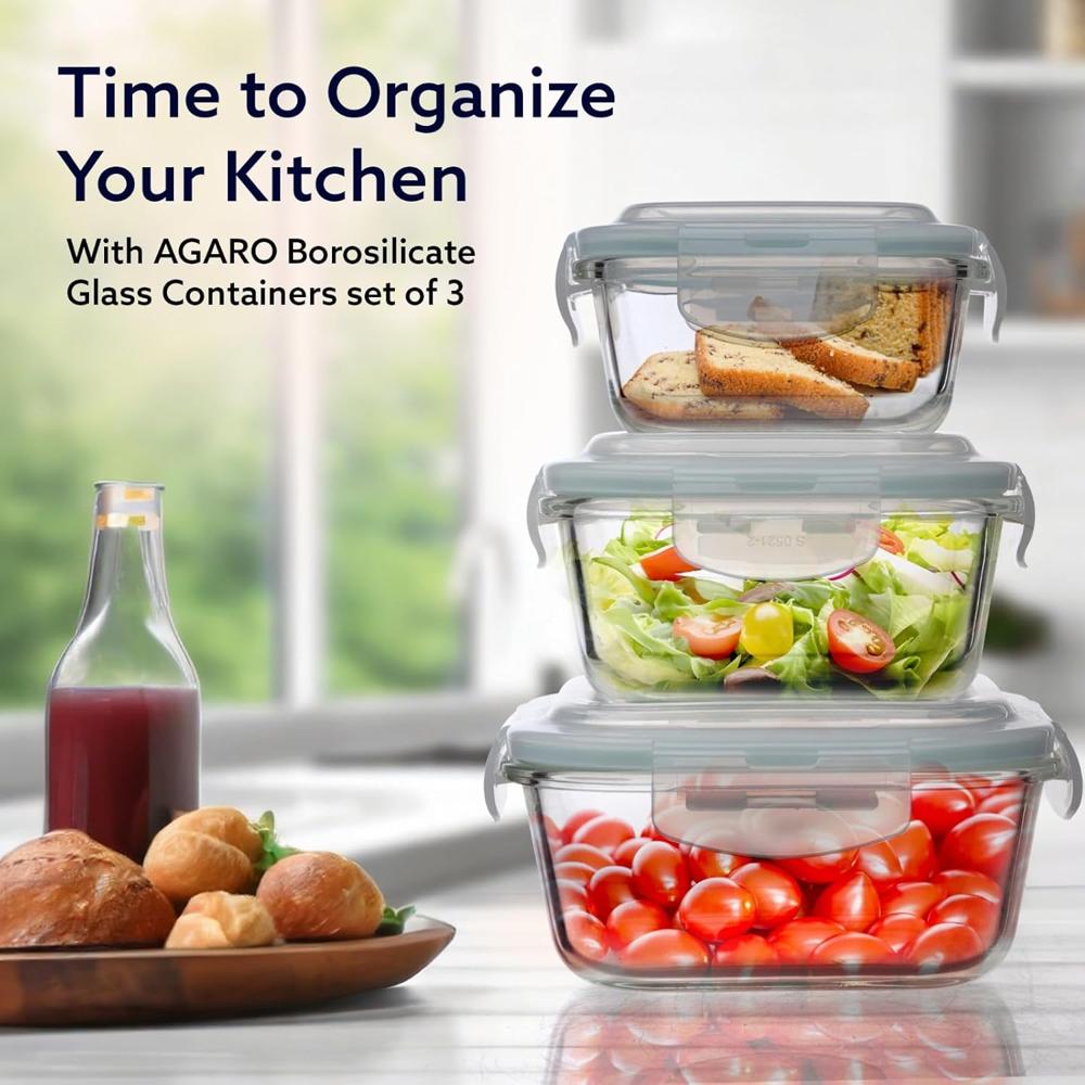 AGARO Borosilicate Glass Container with Lids, 3 pcs Set, 320ml, 520ml & 800ml, Microwave, Oven & Freezer Safe, Baking Dish, Square, Baking Tray, Scratch Resistant, Transparent  33812