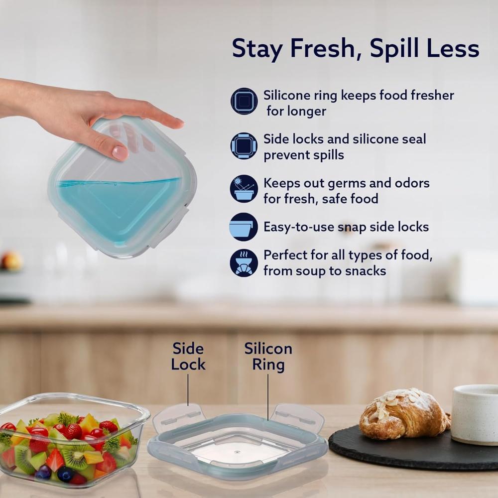 AGARO Borosilicate Glass Container with Lids, 3 pcs Set, 320ml, 520ml & 800ml, Microwave, Oven & Freezer Safe, Baking Dish, Square, Baking Tray, Scratch Resistant, Transparent  33812
