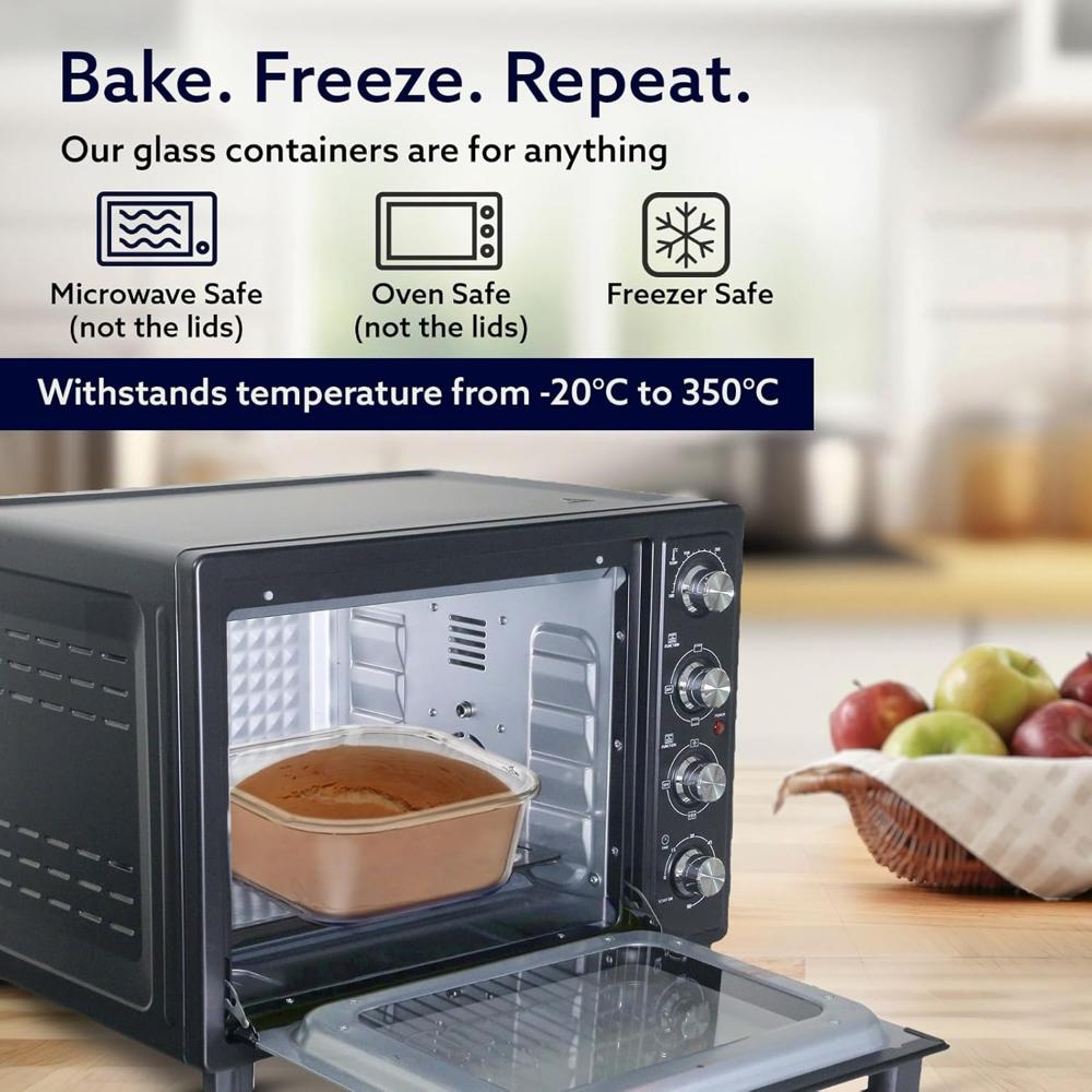 AGARO Borosilicate Glass Container with Lids, 3 pcs Set, 320ml, 520ml & 800ml, Microwave, Oven & Freezer Safe, Baking Dish, Square, Baking Tray, Scratch Resistant, Transparent  33812