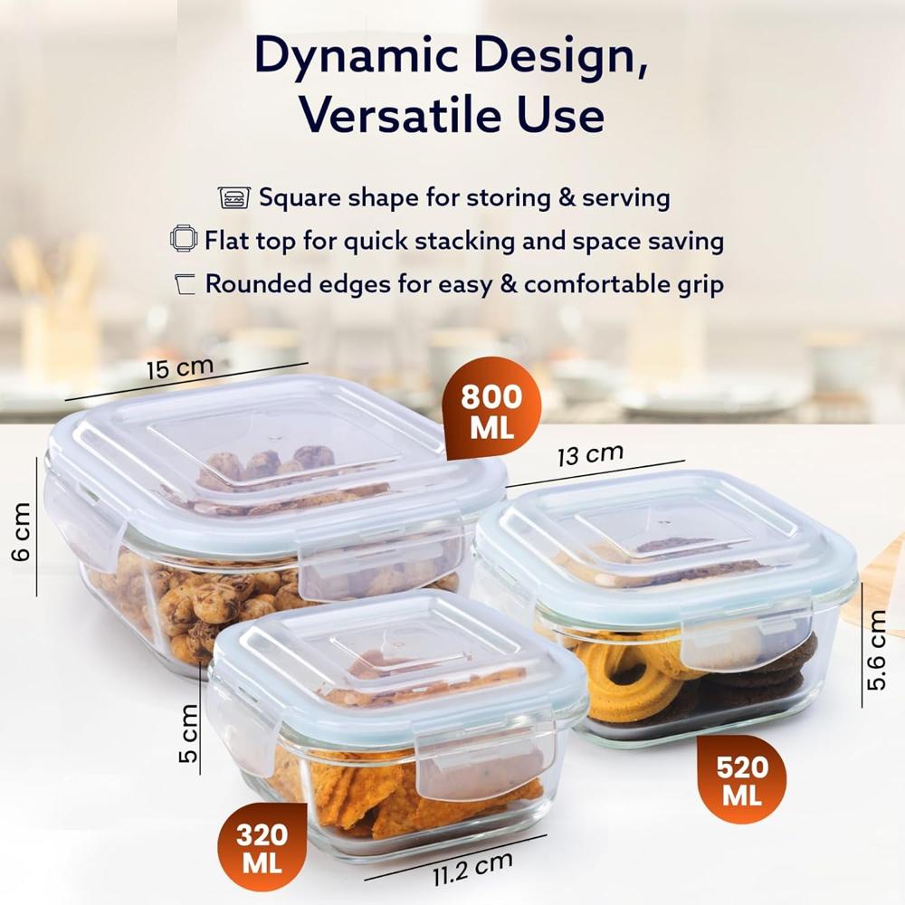 AGARO Borosilicate Glass Container with Lids, 3 pcs Set, 320ml, 520ml & 800ml, Microwave, Oven & Freezer Safe, Baking Dish, Square, Baking Tray, Scratch Resistant, Transparent  33812